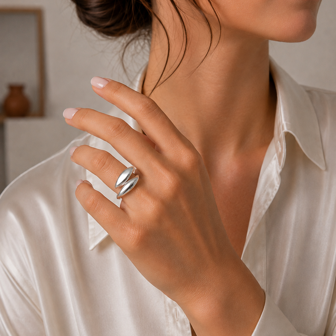 Clearance- Rhodium Plated 925 Silver Twin Leaf Wrap Ring - STR00384