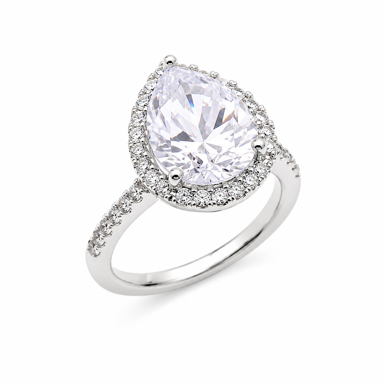 Anillo con centro de pera transparente y circonita cúbica bañada en rodio de plata 925 - STR00386CLR