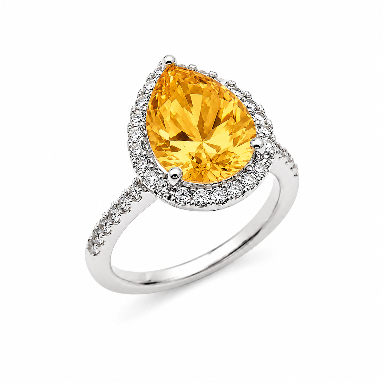 Anillo con centro de pera transparente y circonita cúbica bañada en rodio de plata 925 - STR00386CLR