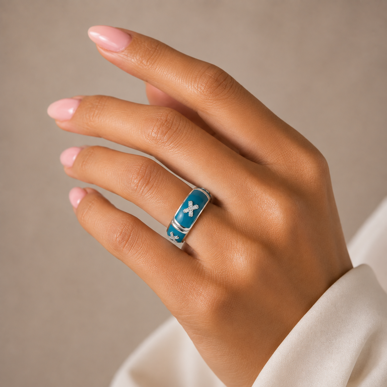 Clearance - Rhodium Plated 925 Silver Turquoise Enamel CZ Eternity Ring - STR00541