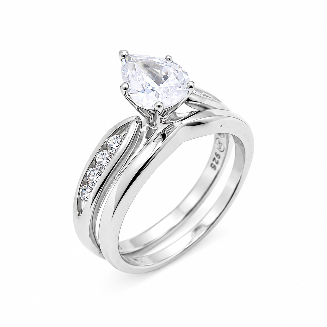 Rhodium Plated 925 Silver Clear Teardrop CZ Bridal Engagment Ring Set - STR00843
