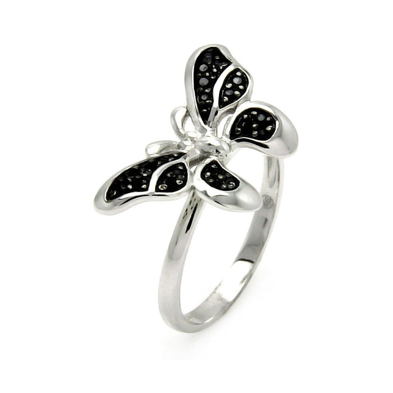 925 Sterling Silver Nickel Free Rhodium Plated Butterfly Black CZ Ring - STR00893