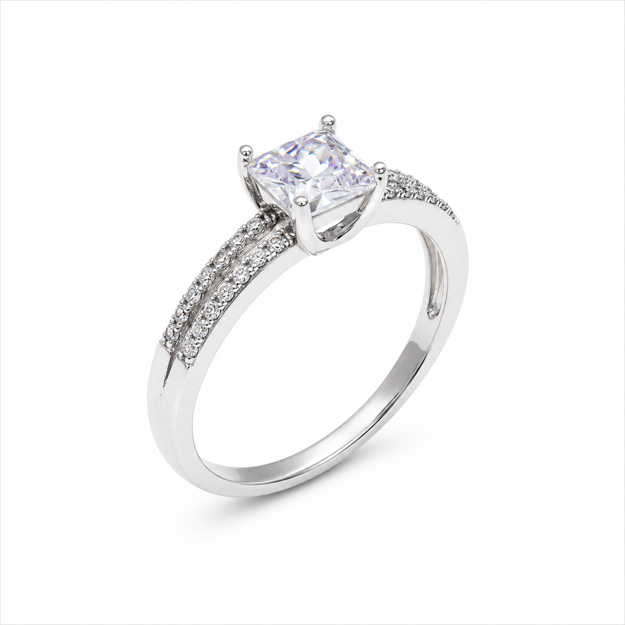 Rhodium Plated 925 Sterling Silver Clear Princess Cut CZ Engagement Ring - STR00996