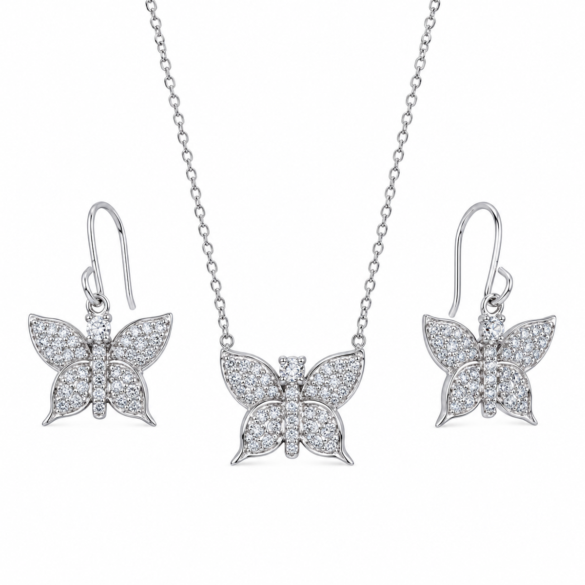 Conjunto de pendientes y collar con gancho de mariposa y circonitas cúbicas en plata de ley 925 rodiada - STS00160