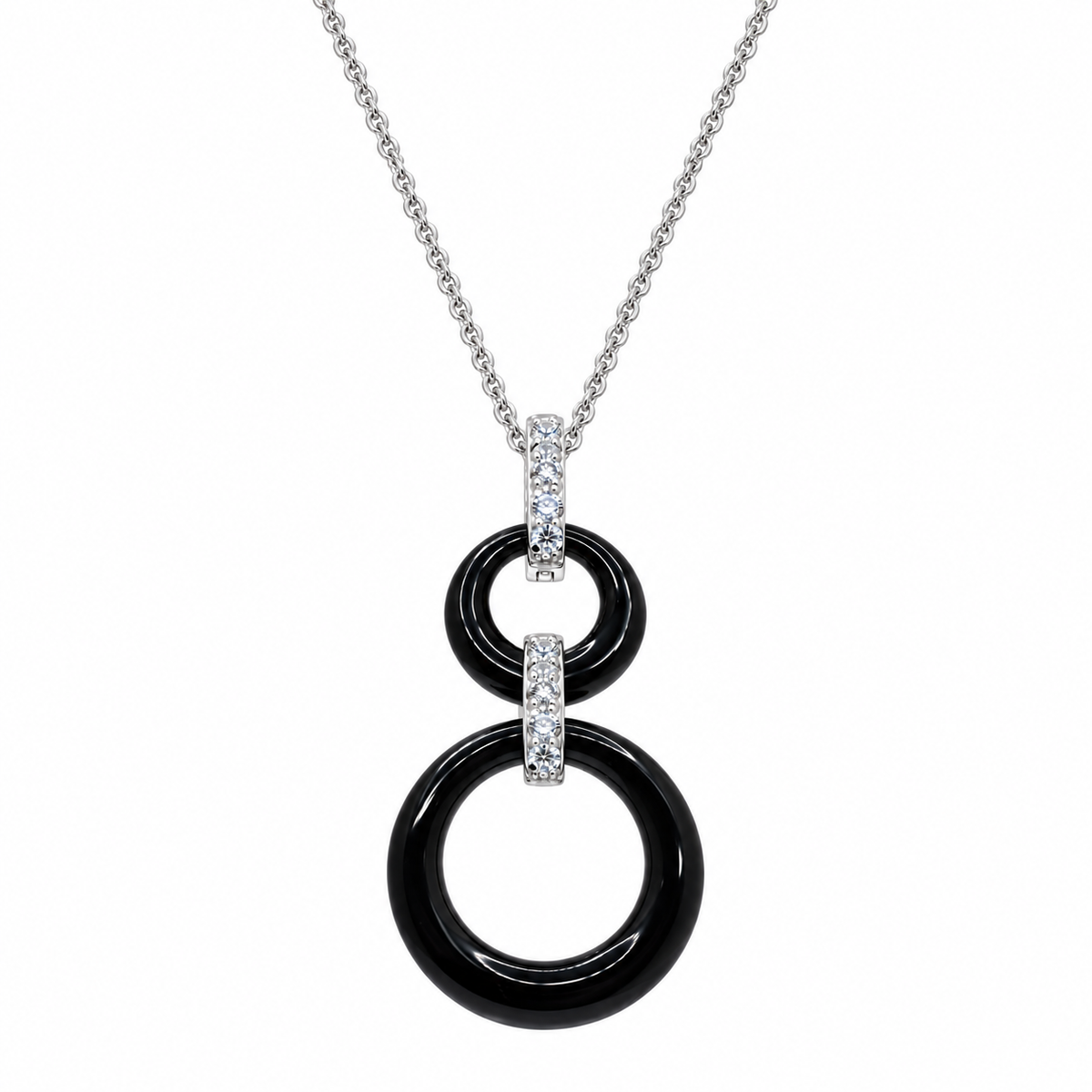 Final Price- Rhodium Plated 925 Sterling Silver Black Onyx Circle & CZ Necklace and Earring Set- STS00018