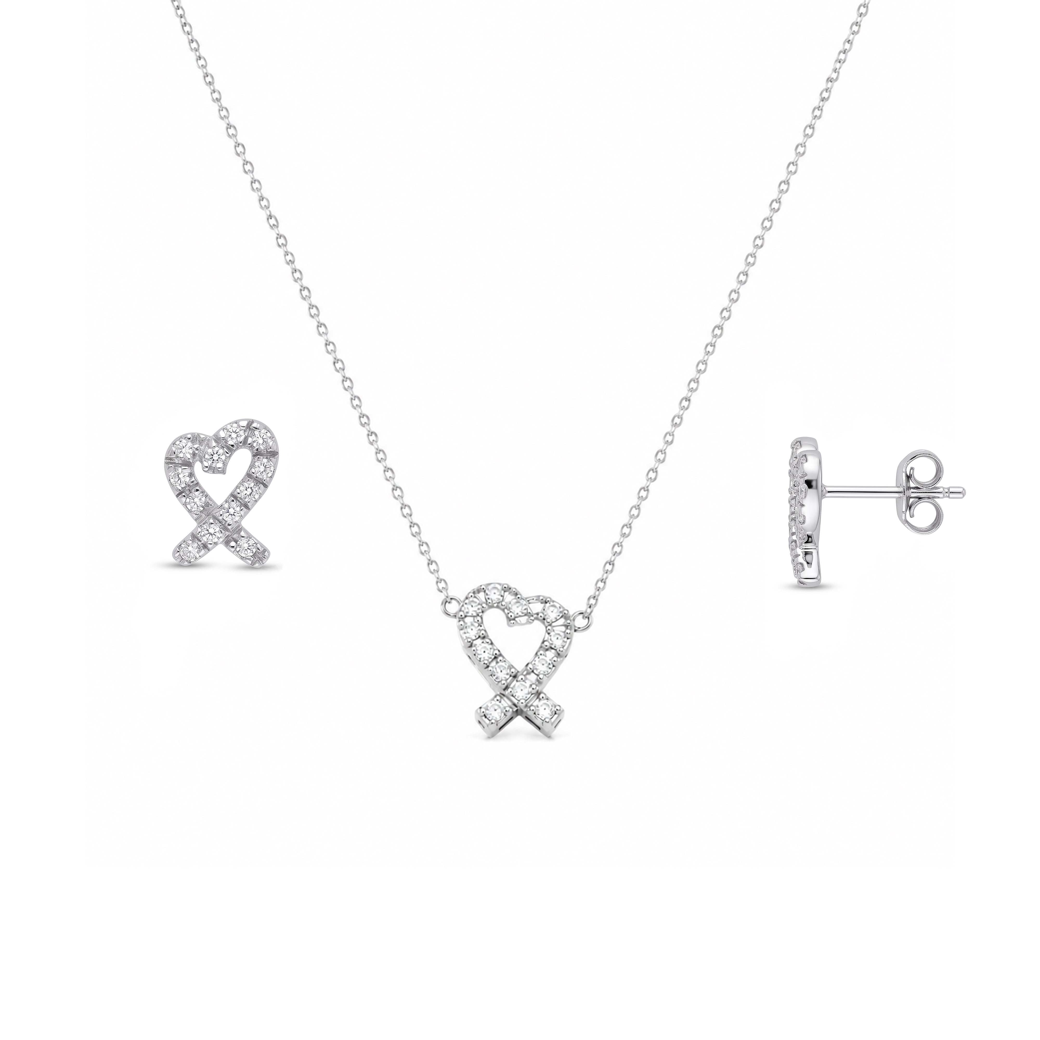 Rhodium Plated 925 Silver Ribbon Heart CZ Stud Earring and Necklace Set - STS00027