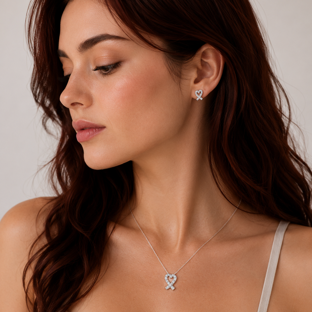 Rhodium Plated 925 Silver Ribbon Heart CZ Stud Earring and Necklace Set - STS00027