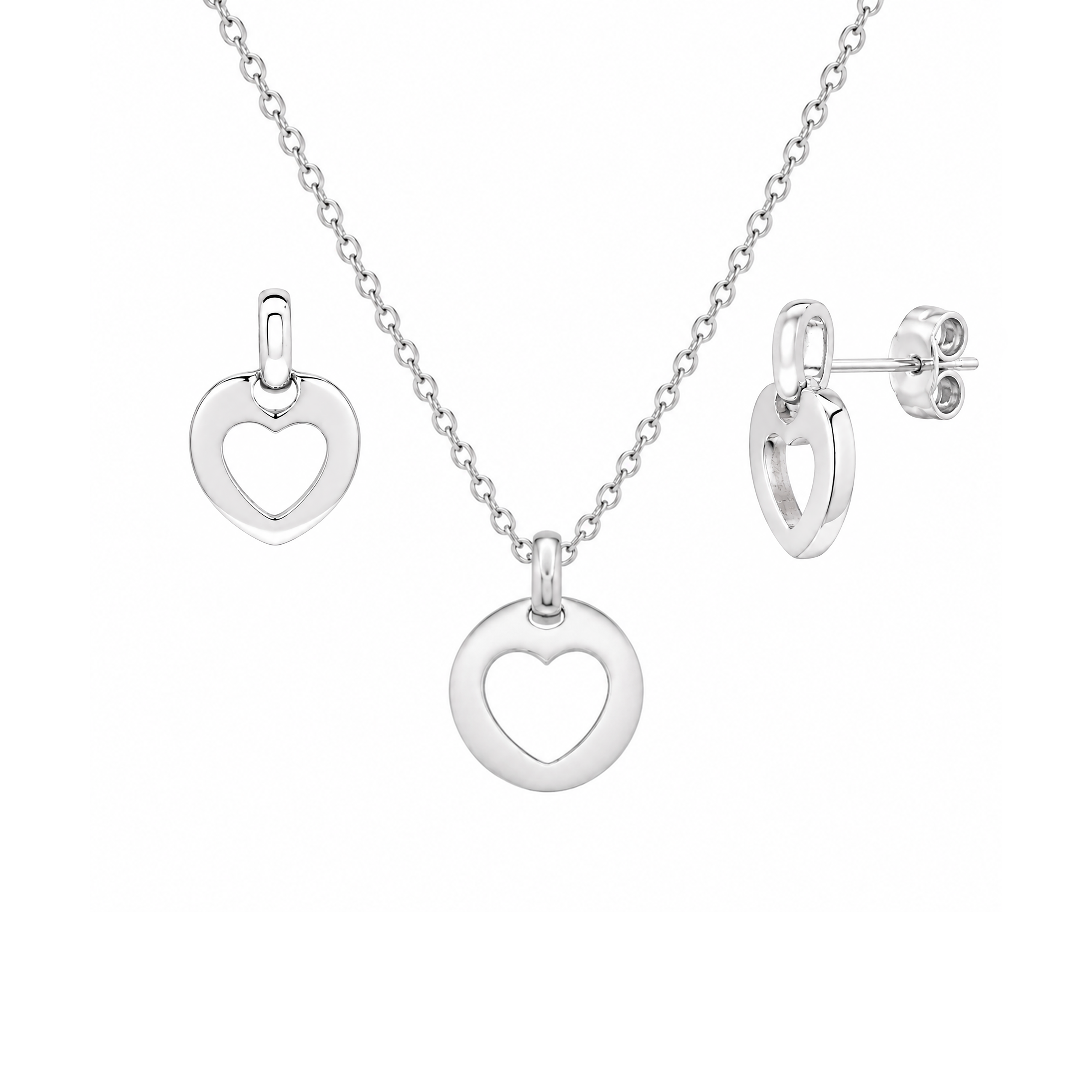 Liquidación - Conjunto de aretes y collar colgante de corazón abierto con baño de rodio en plata 925 - STS00028