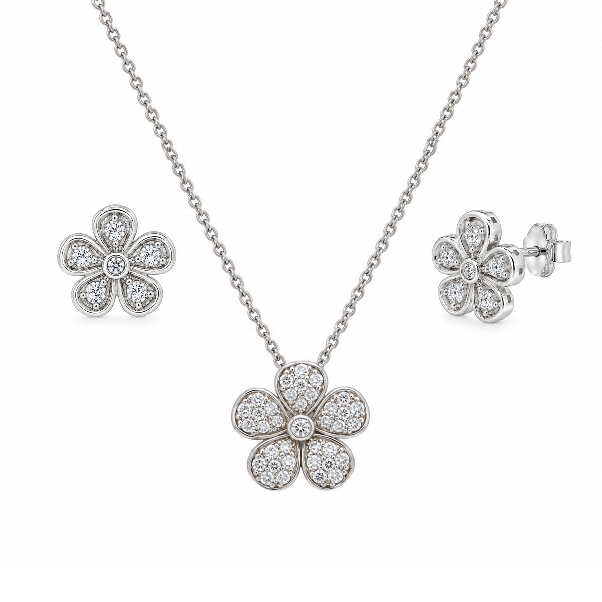 Conjunto de pendientes y collar con incrustaciones de circonitas y flor en plata de ley 925 rodiada - STS00064