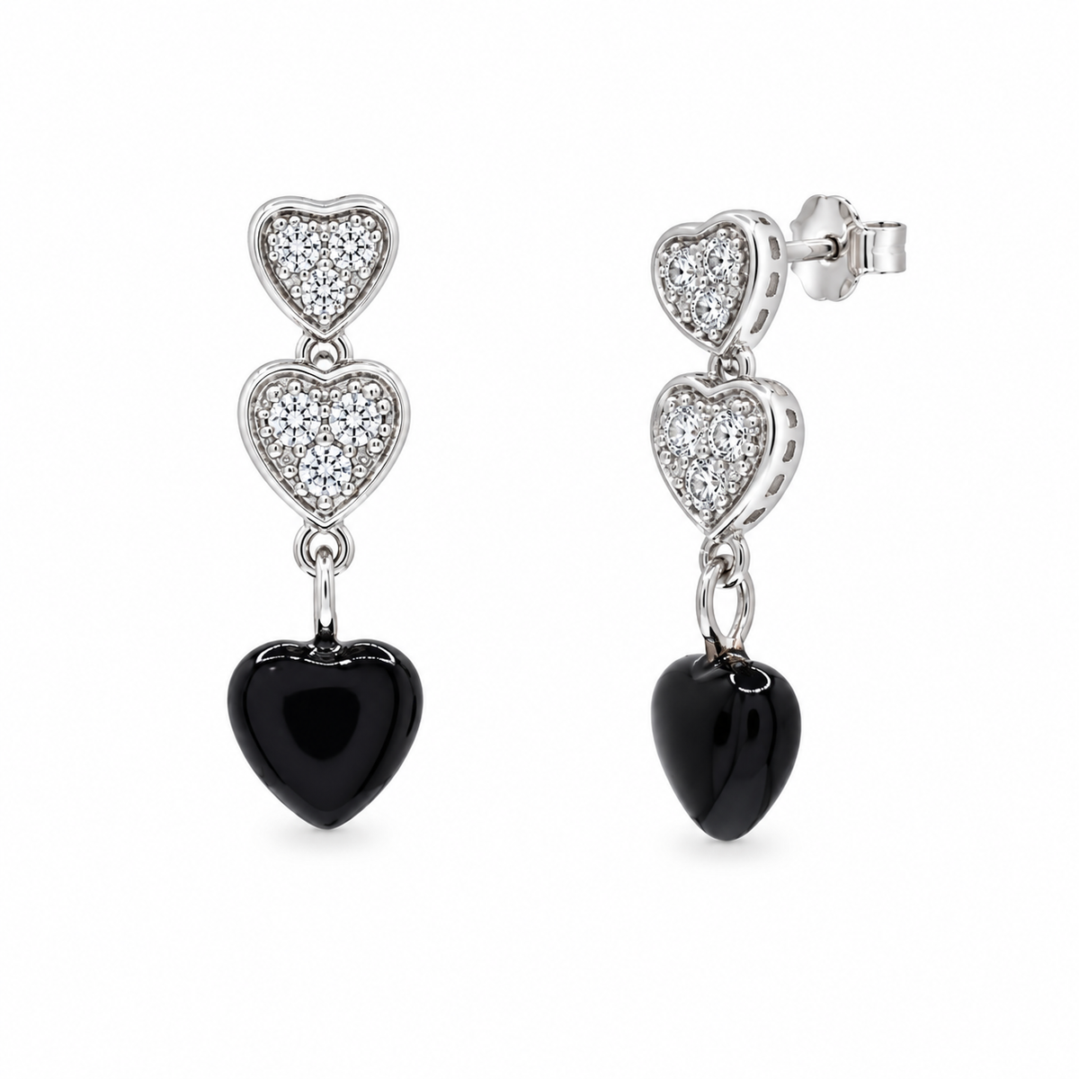 Juego de aretes y collar de ónix negro con circonita cúbica y corazón colgante chapado en rodio en plata 925 - STS00109