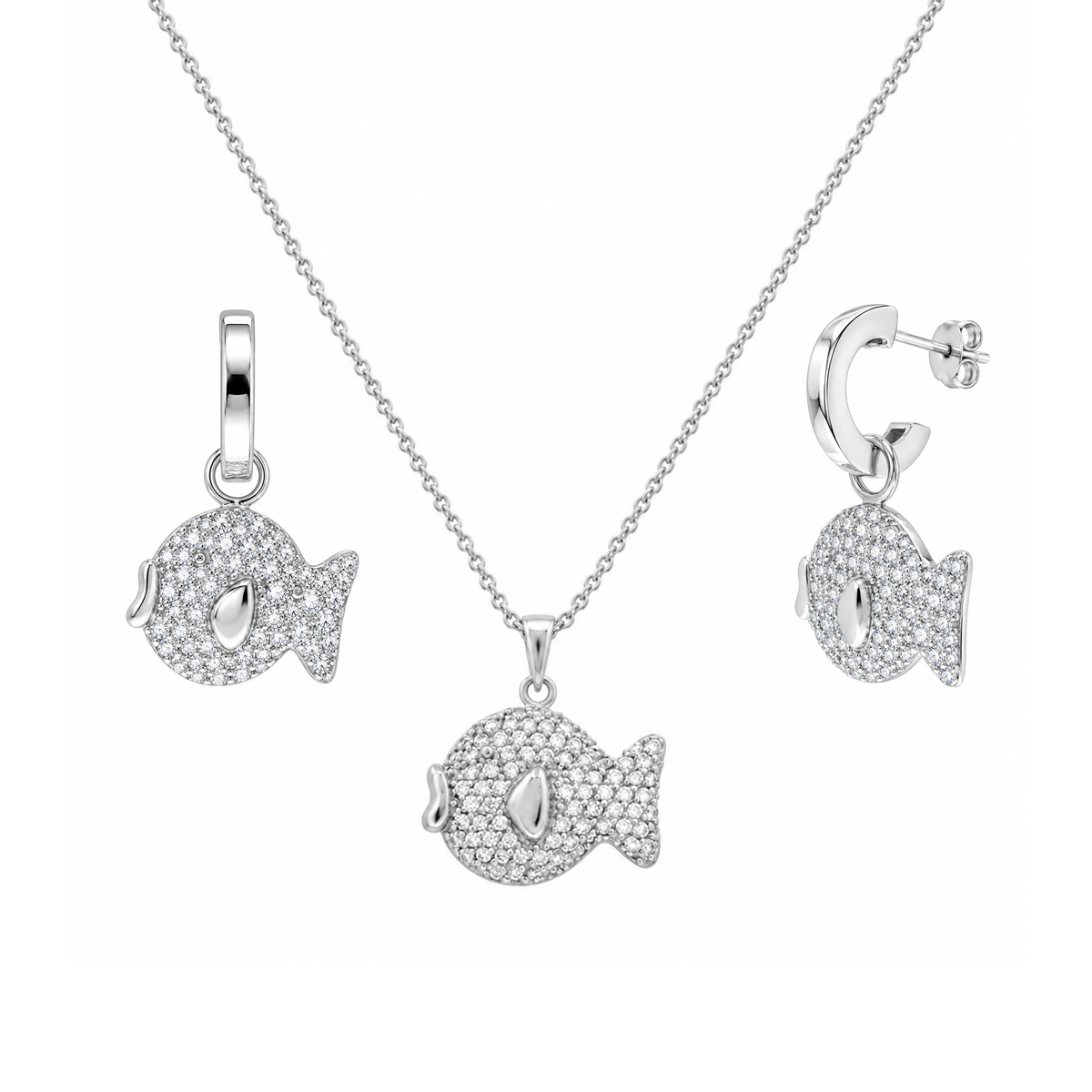Conjunto de circonitas en forma de pez bañado en rodio de plata 925 - STS00115