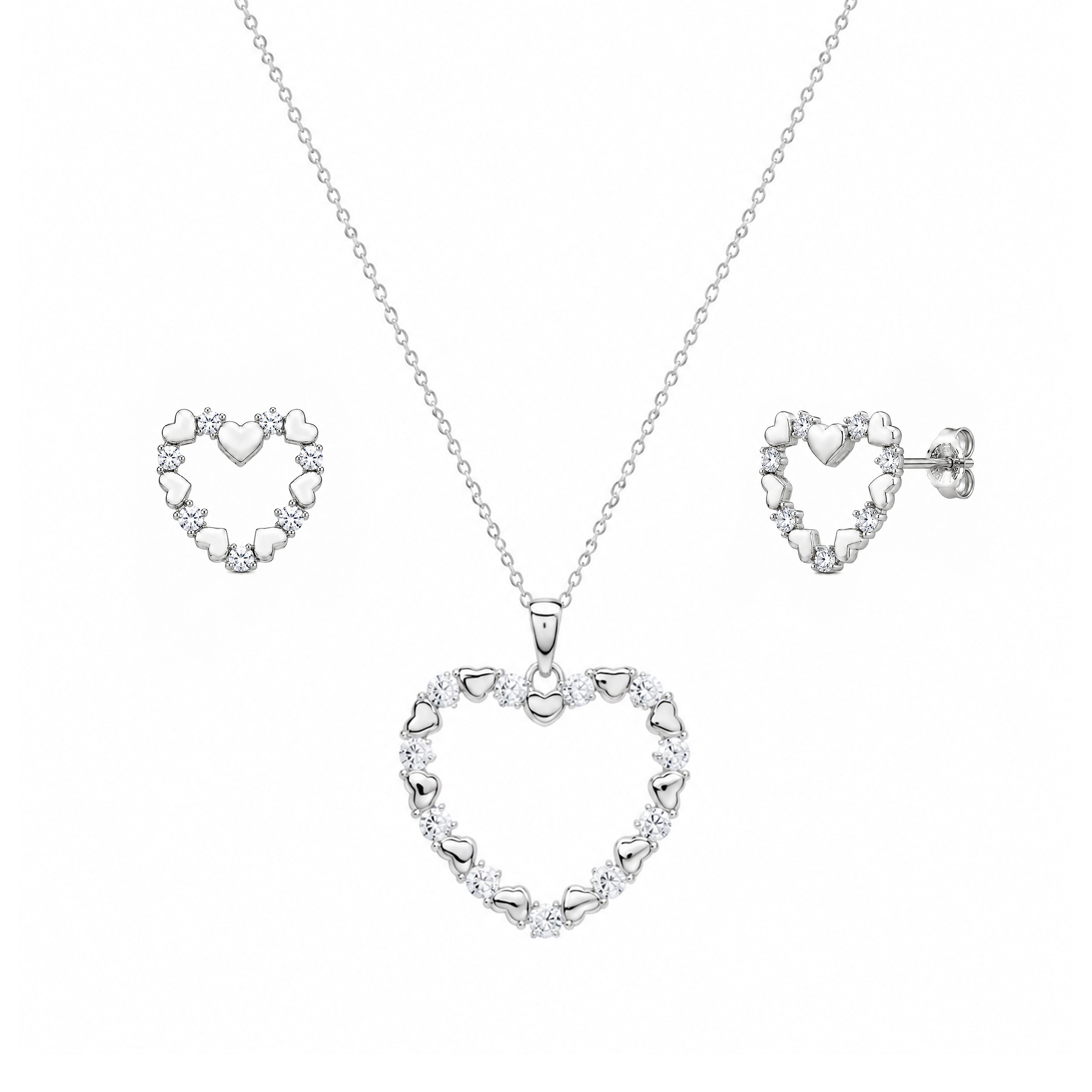Rhodium Plated 925 Silver Open Heart CZ Stud Earring and Necklace Set - STS00127