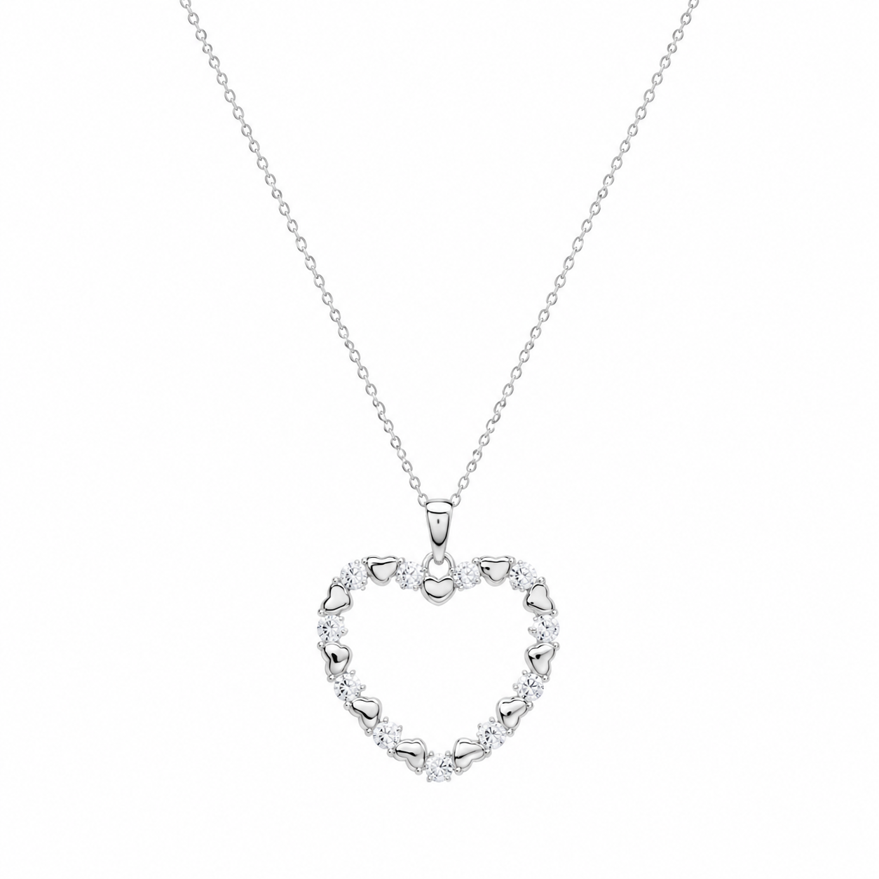 Rhodium Plated 925 Silver Open Heart CZ Stud Earring and Necklace Set - STS00127