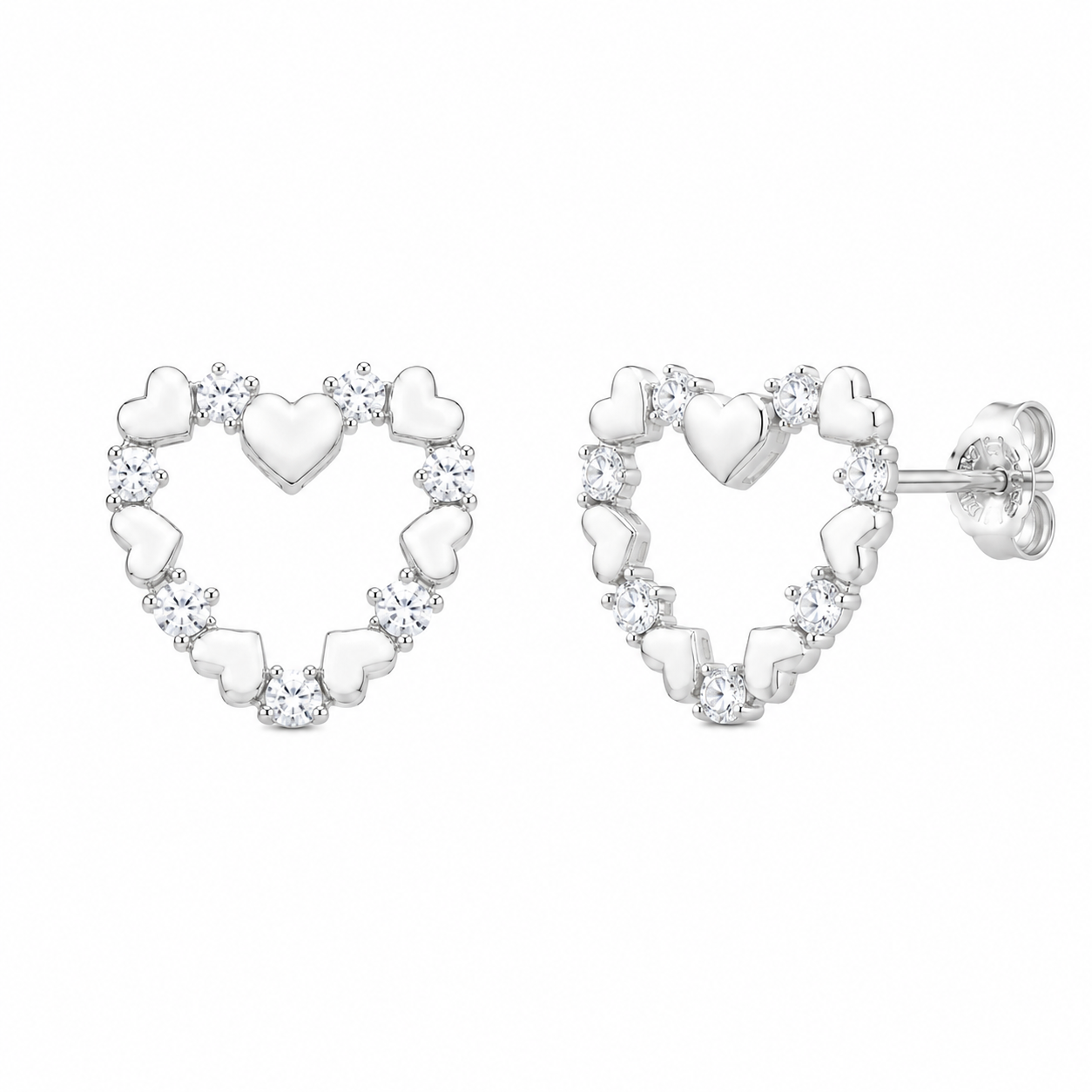 Rhodium Plated 925 Silver Open Heart CZ Stud Earring and Necklace Set - STS00127