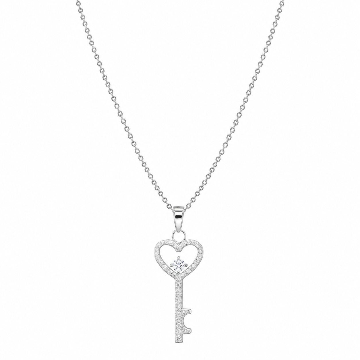 Rhodium Plated 925 Sterling Silver Heart Key CZ Earring and Necklace Set - STS00156