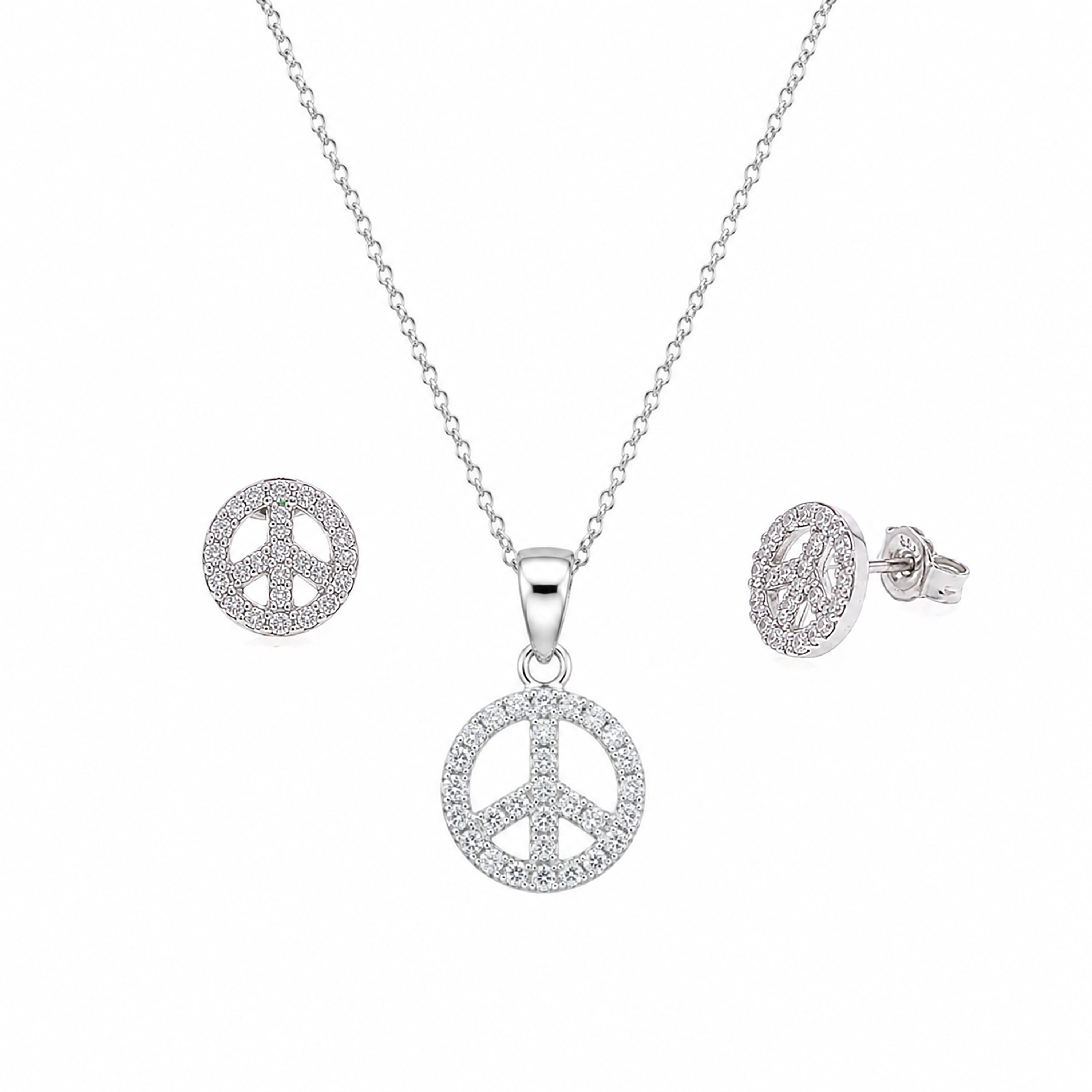 Liquidación - Conjunto de aretes y collar con circonitas cúbicas y símbolo de la paz abierto, plata 925 rodiada - STS00157