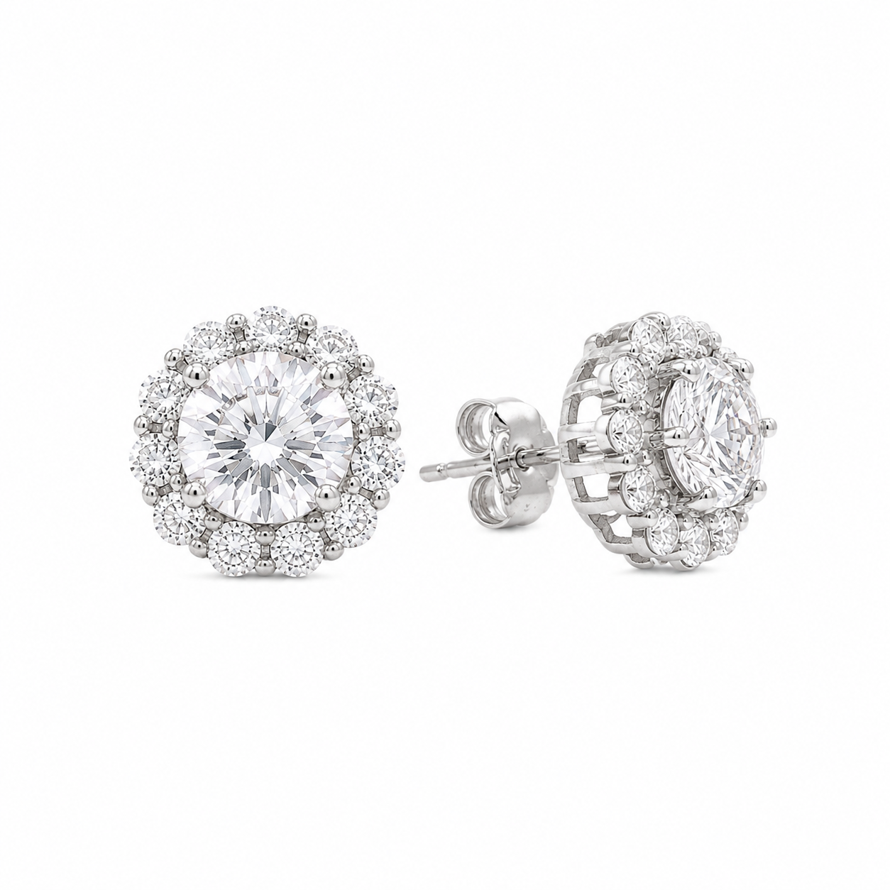 Rhodium Plated 925 Silver Halo CZ Stud Earring and Necklace Set - STS00158