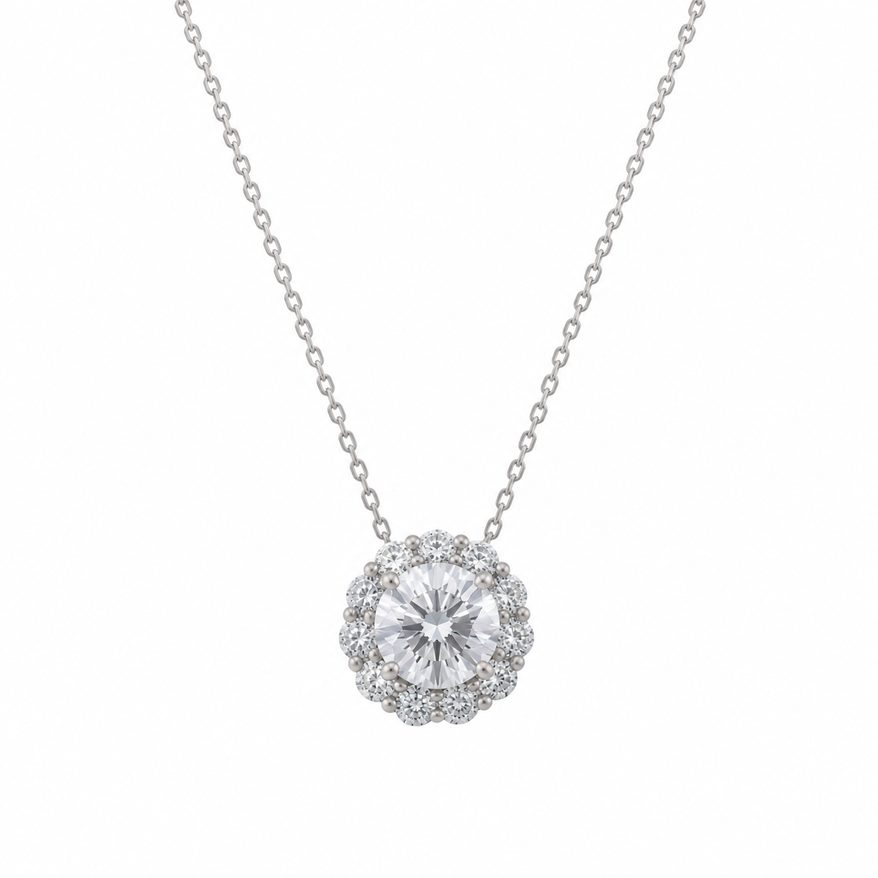 Rhodium Plated 925 Silver Halo CZ Stud Earring and Necklace Set - STS00158