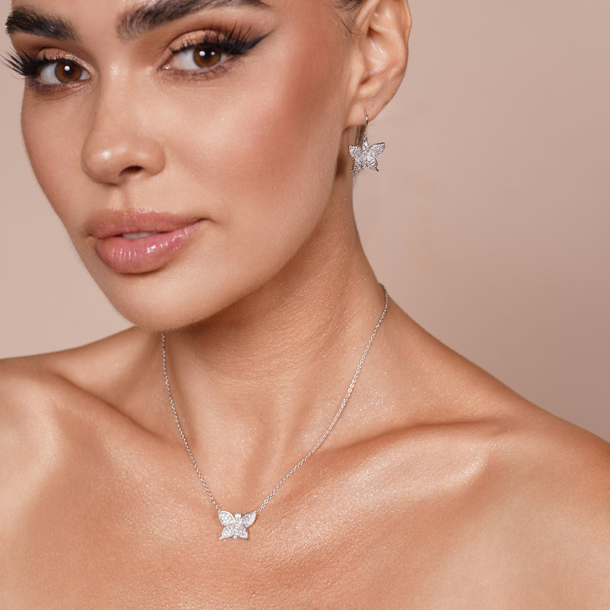 Conjunto de pendientes y collar con gancho de mariposa y circonitas cúbicas en plata de ley 925 rodiada - STS00160