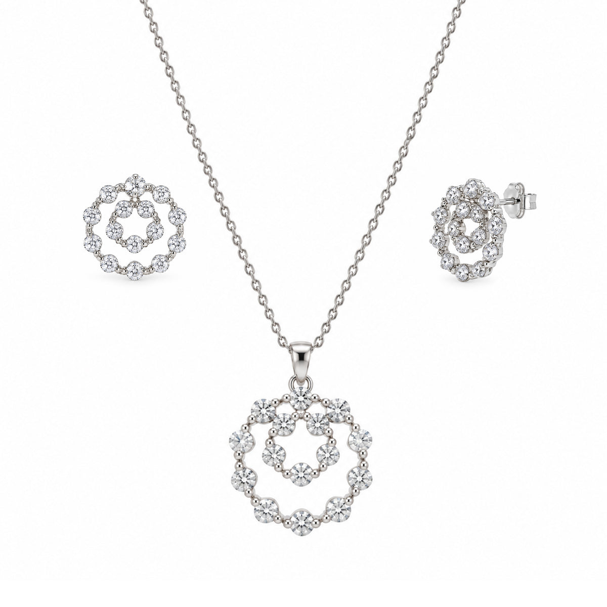 Juego de aretes y collar con circonita cúbica graduada, chapado en rodio, plata 925 - STS00166