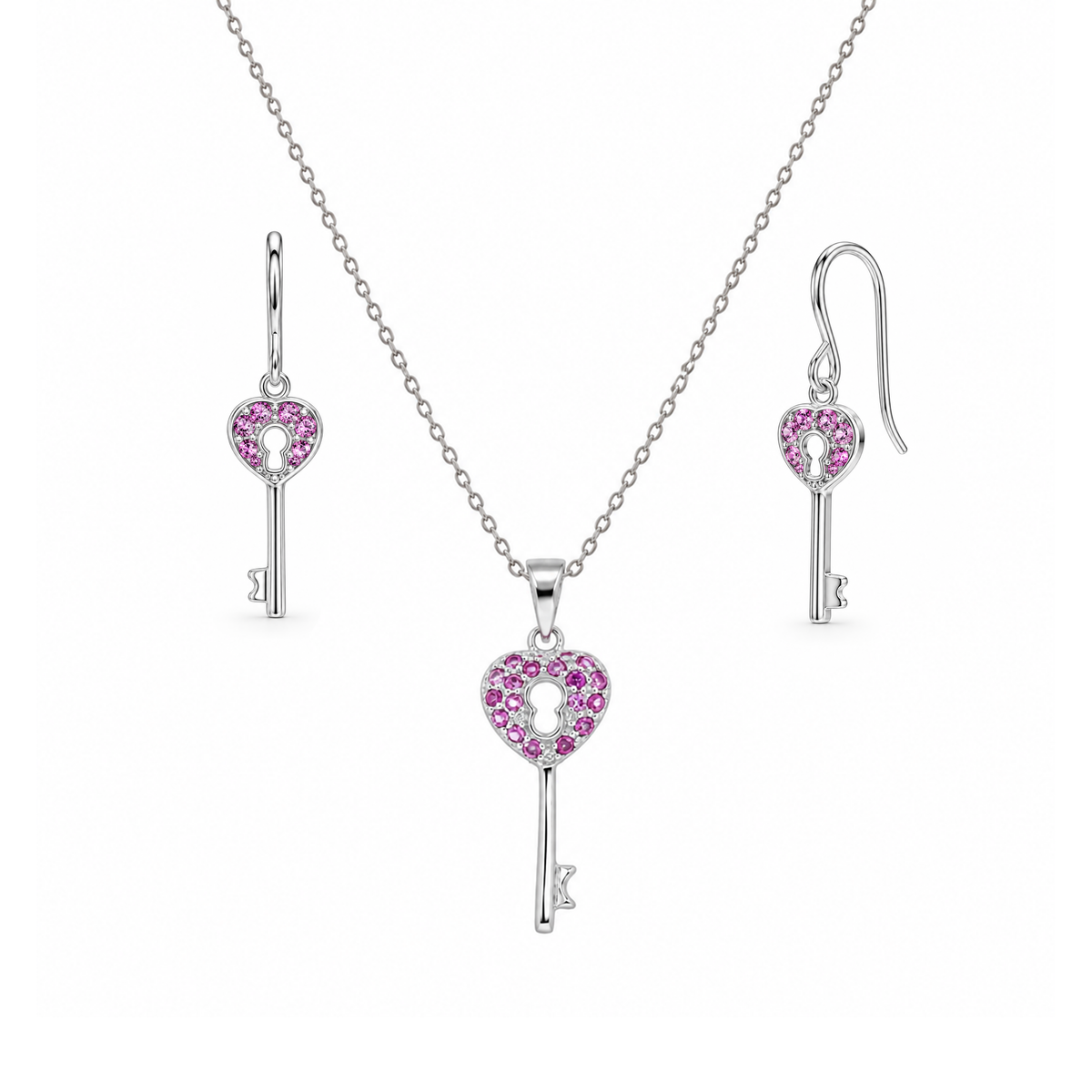 Juego de aretes y collar con gancho de circonita cúbica con forma de corazón del Reino chapado en rodio de plata 925 - STS00174