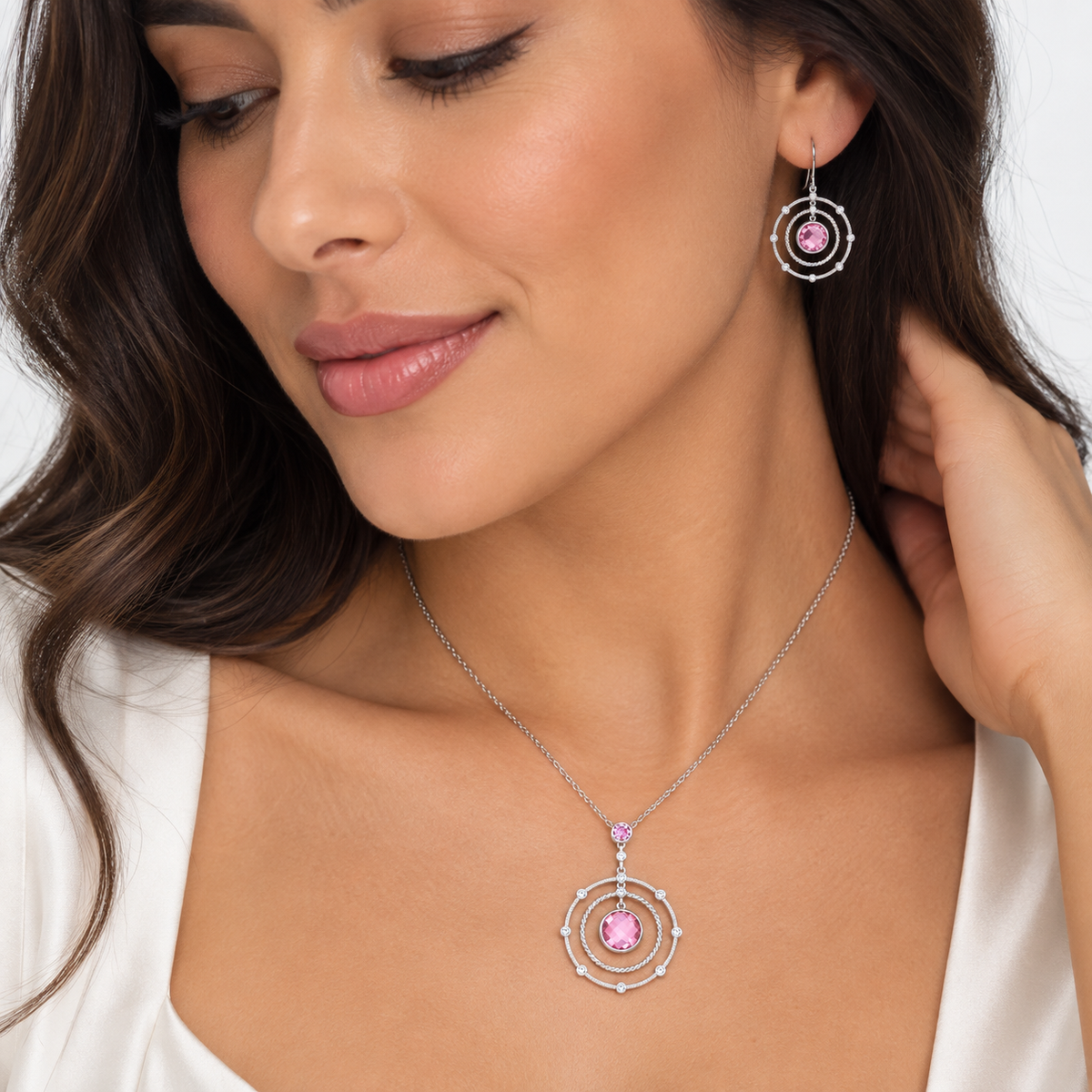 Final Price- Rhodium Plated 925 Sterling Silver Multi Textured Circle Clear & Pink CZ Necklace and Earring Set- STS00181