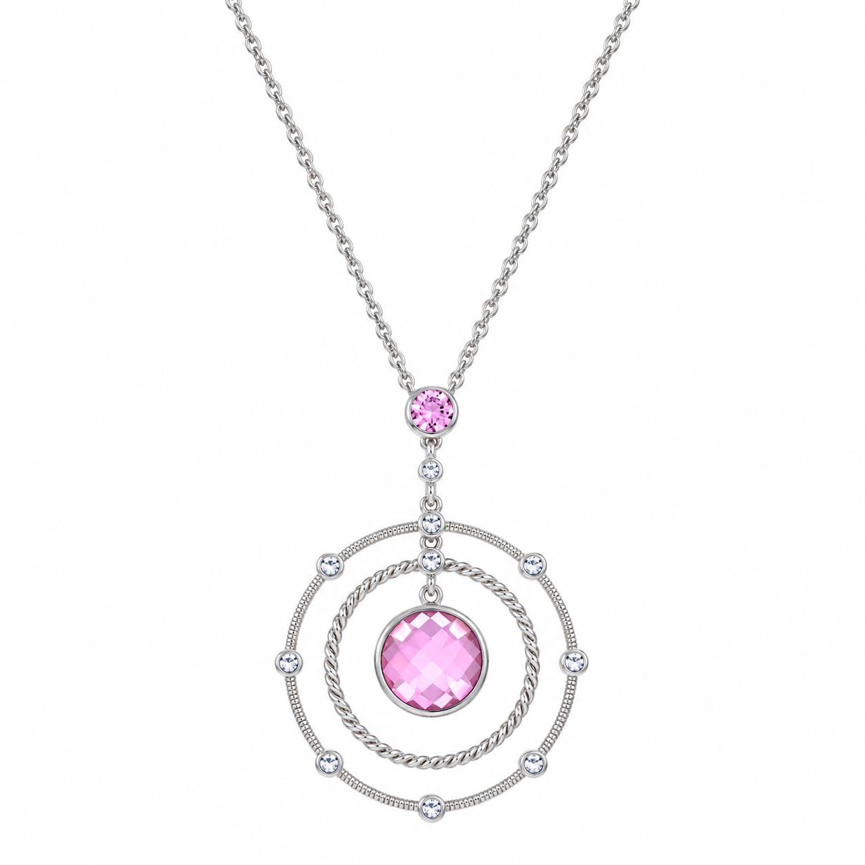 Final Price- Rhodium Plated 925 Sterling Silver Multi Textured Circle Clear & Pink CZ Necklace and Earring Set- STS00181