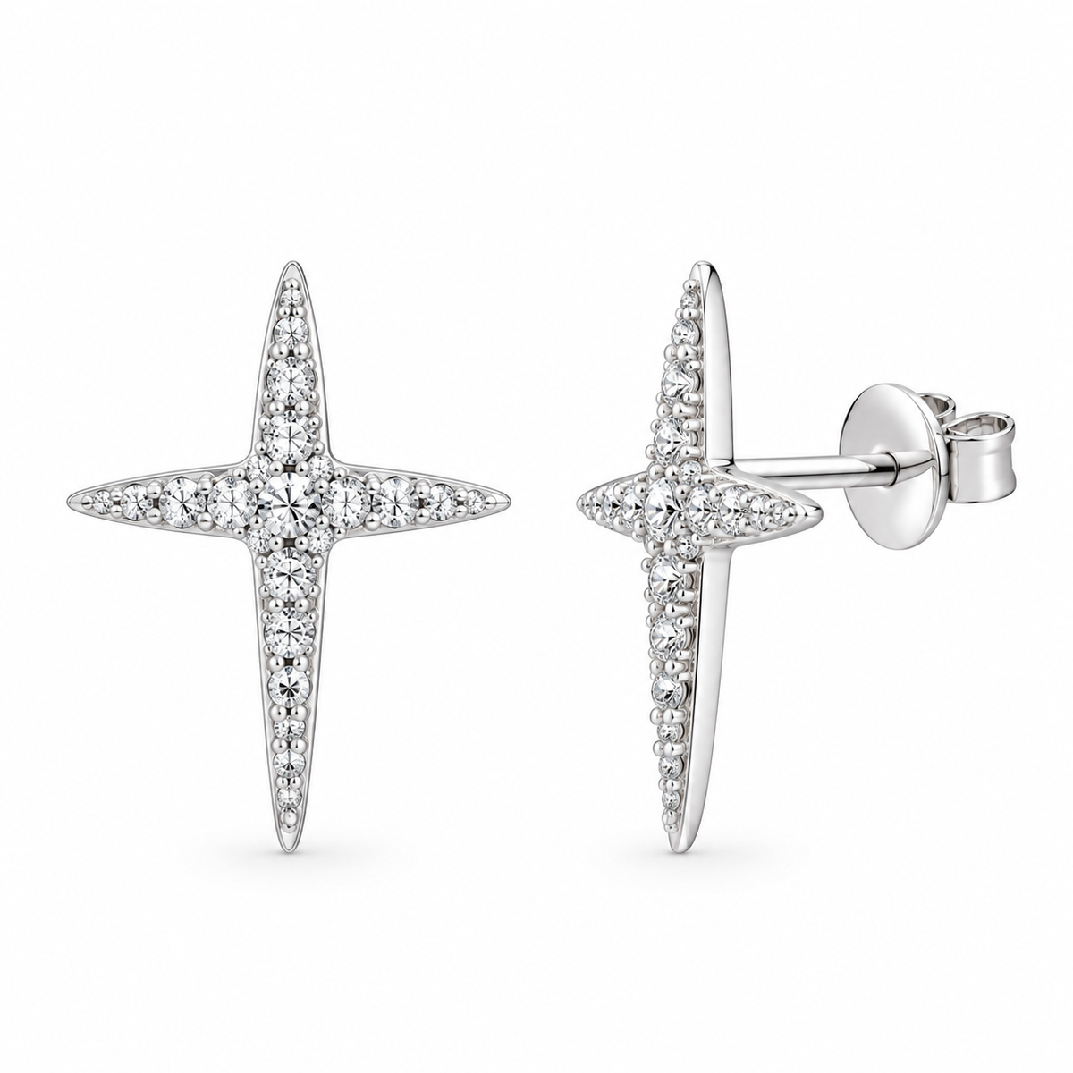 Juego de aretes y collar con circonita cúbica y estrella cruzada afilada chapada en rodio en plata 925 - STS00199
