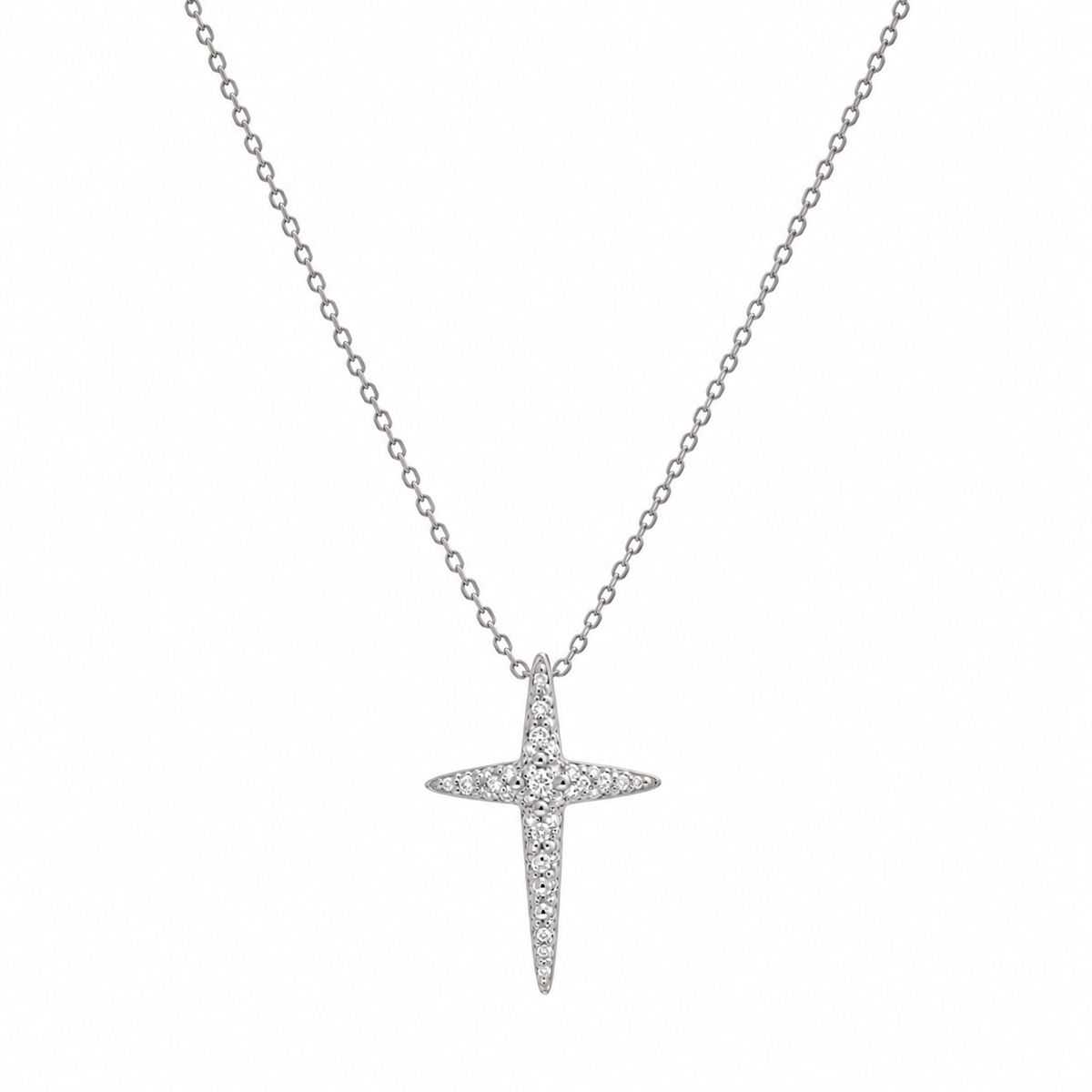 Juego de aretes y collar con circonita cúbica y estrella cruzada afilada chapada en rodio en plata 925 - STS00199
