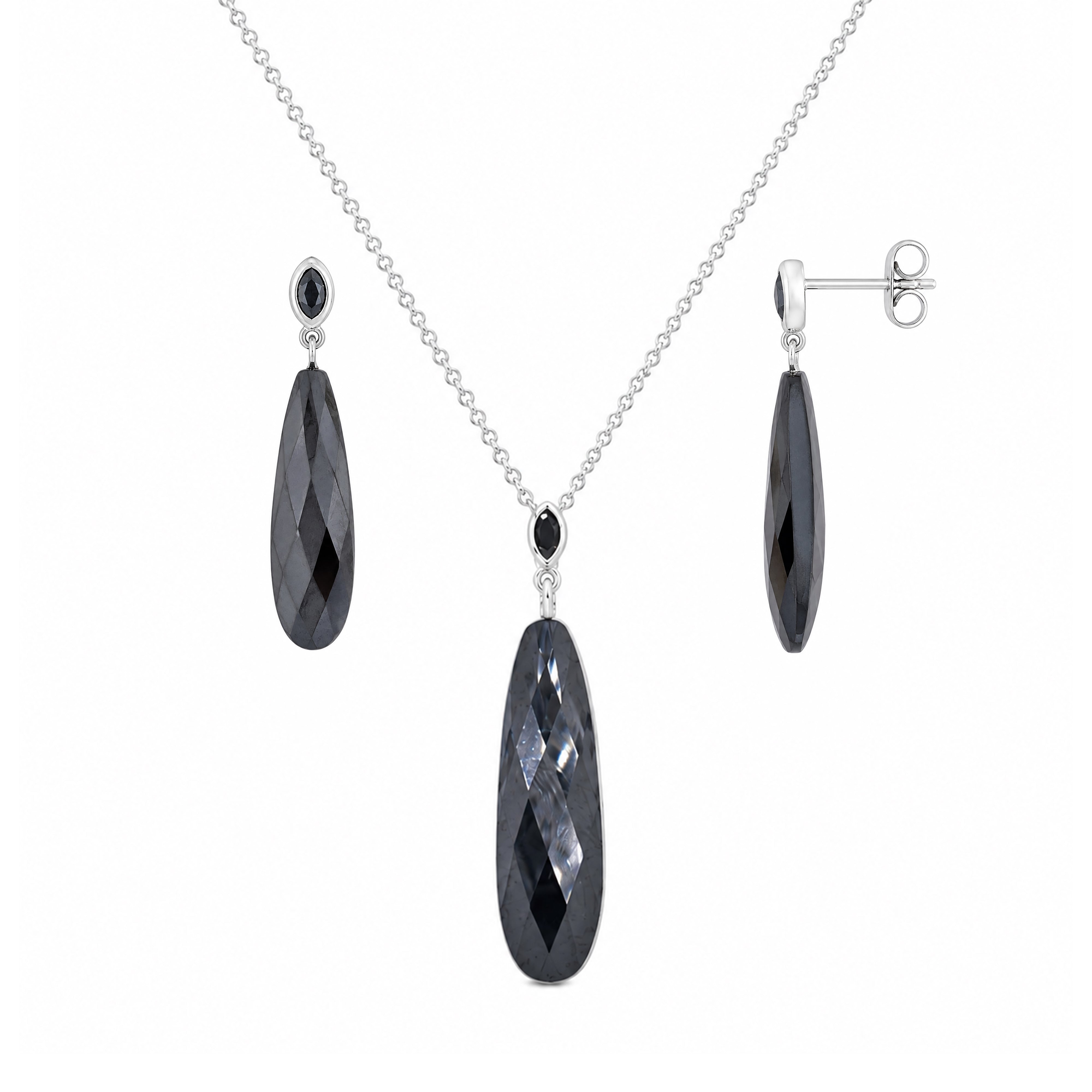 Rhodium Plated 925 Silver Elongated Black Cz Tear Drop Dangle Stud Earring and Necklace Set - STS00202