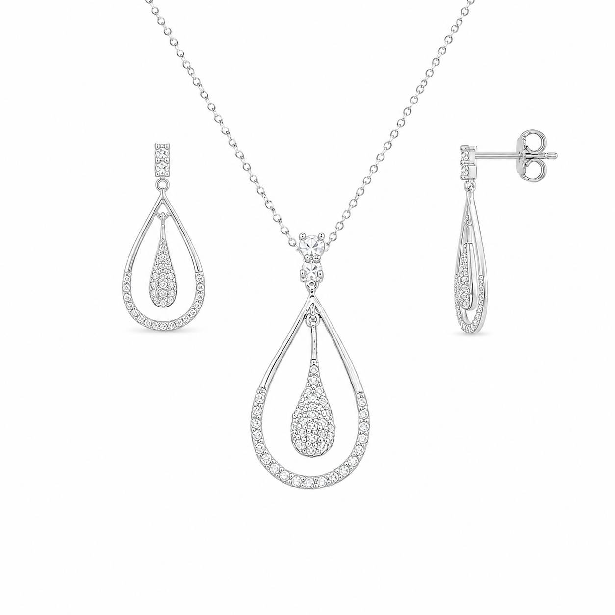 Rhodium Plated 925 Silver Open Teardrop Black or Clear CZ Dangling Set - STS00211