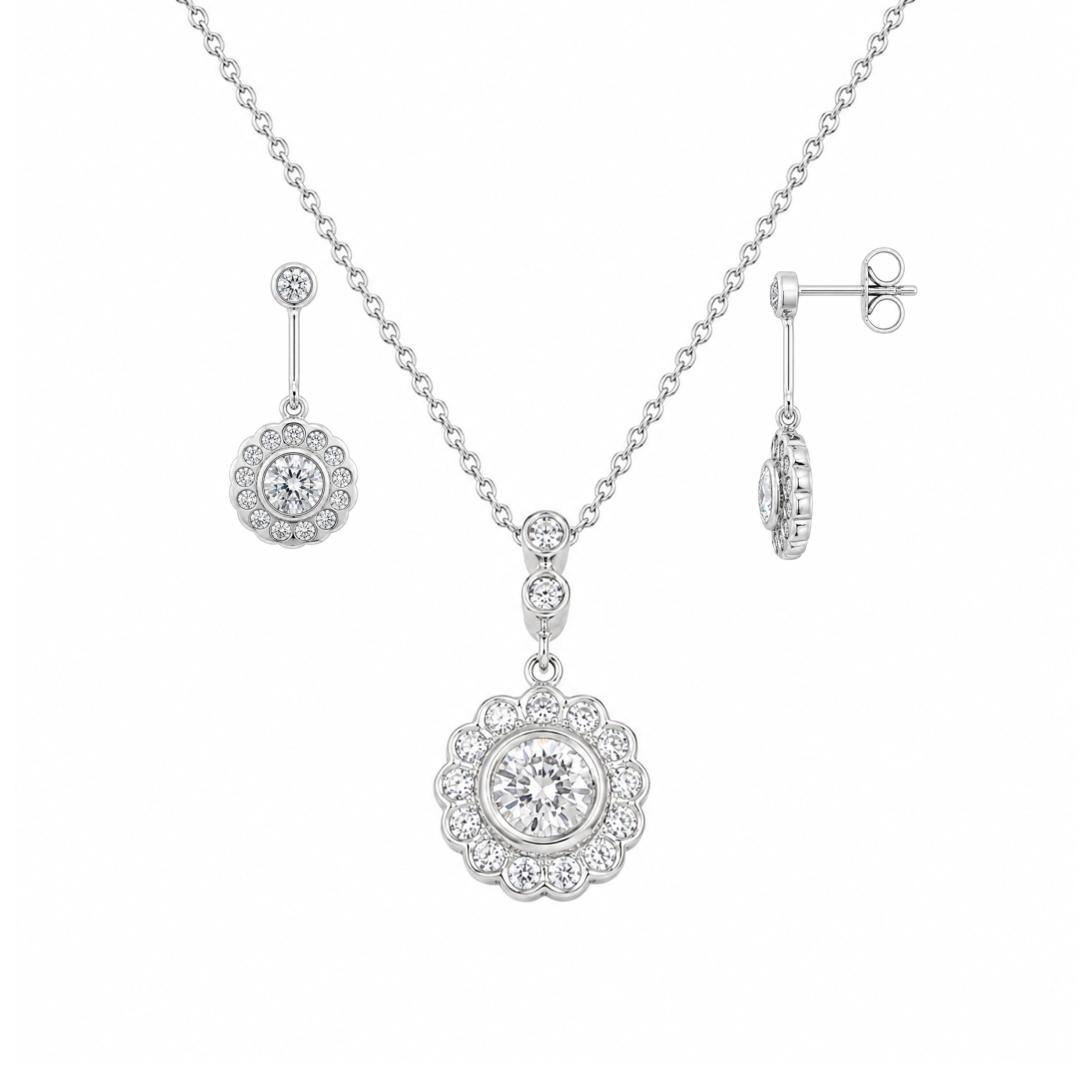 Juego de aretes y collar colgantes con circonita cúbica y flor chapada en rodio de plata 925 - STS00222