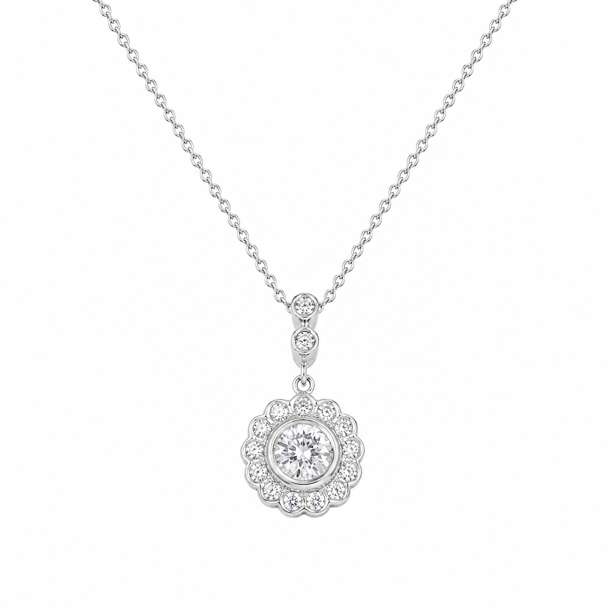 Juego de aretes y collar colgantes con circonita cúbica y flor chapada en rodio de plata 925 - STS00222
