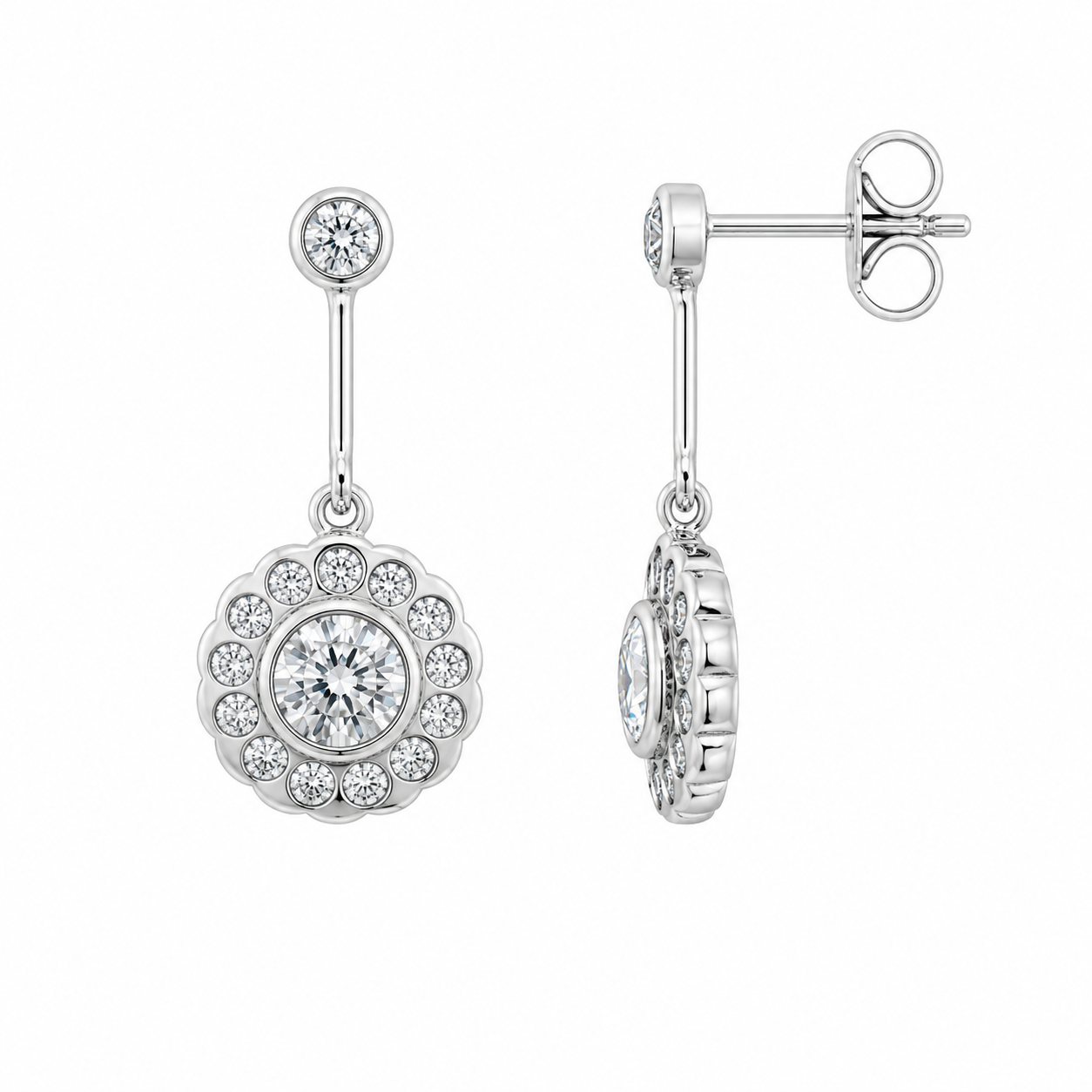 Juego de aretes y collar colgantes con circonita cúbica y flor chapada en rodio de plata 925 - STS00222