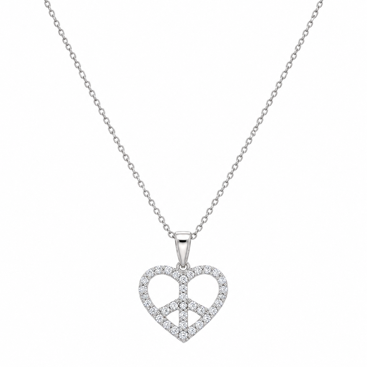 Clearance - Rhodium Plated 925 Sterling Silver CZ Heart Peace Sign Earring and Necklace Set - STS00235