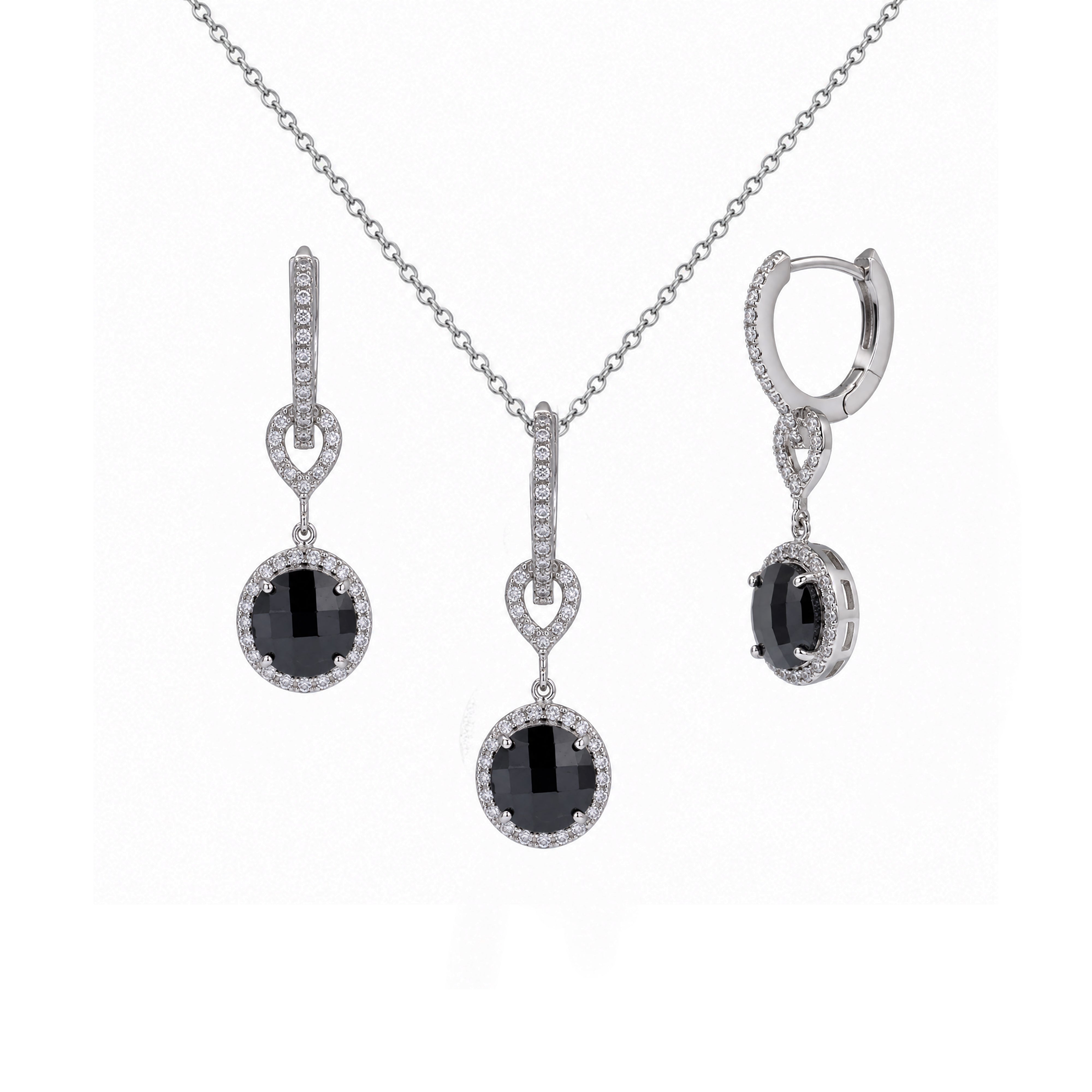 Juego de collar y aretes con palanca colgante con circonita cúbica redonda chapada en rodio en plata 925 - STS00242