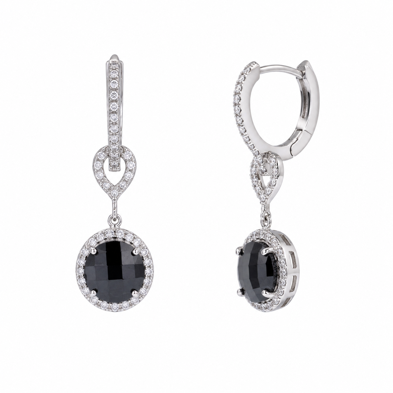 Juego de collar y aretes con palanca colgante con circonita cúbica redonda chapada en rodio en plata 925 - STS00242