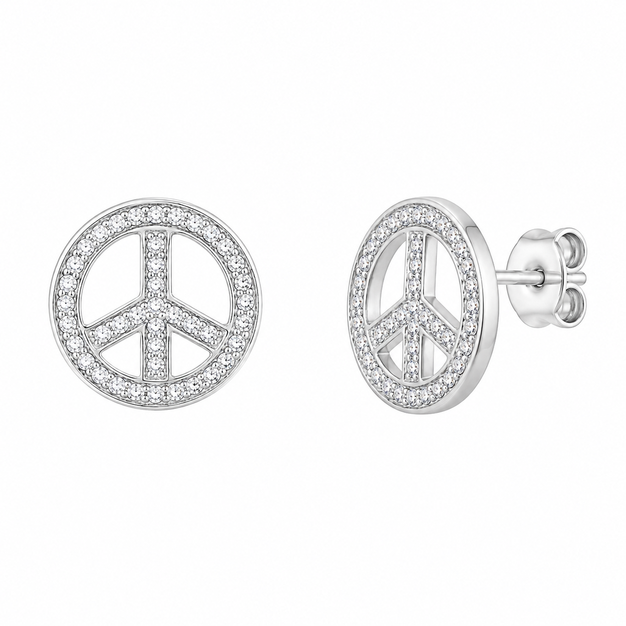 Rhodium Plated 925 Silver CZ Peace Symbol Earring and Necklace Set - STS00249