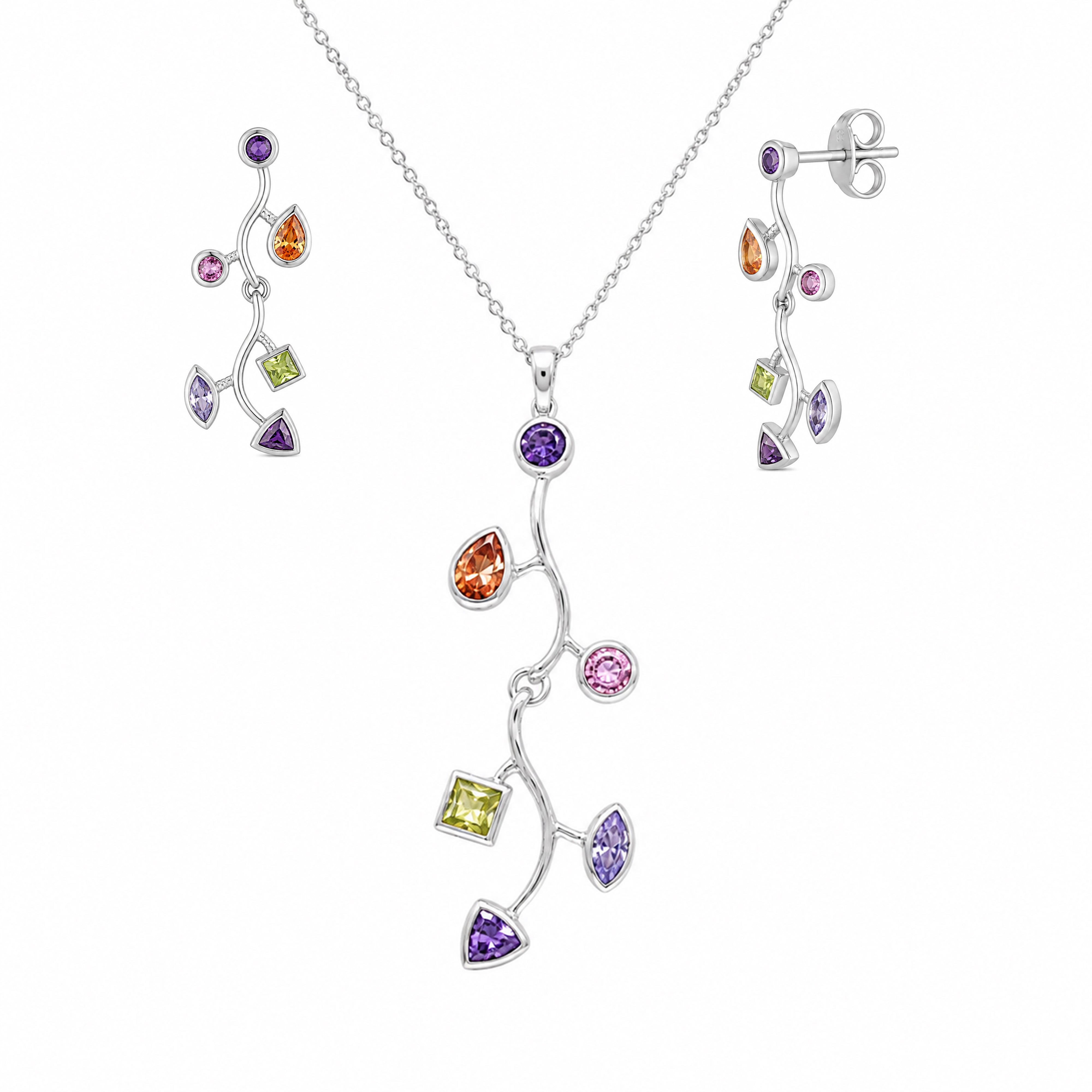 Rhodium Plated Multi Shaped Multicolor CZ Tree Branch Dangling Stud Earring and Necklace Set - STS00254