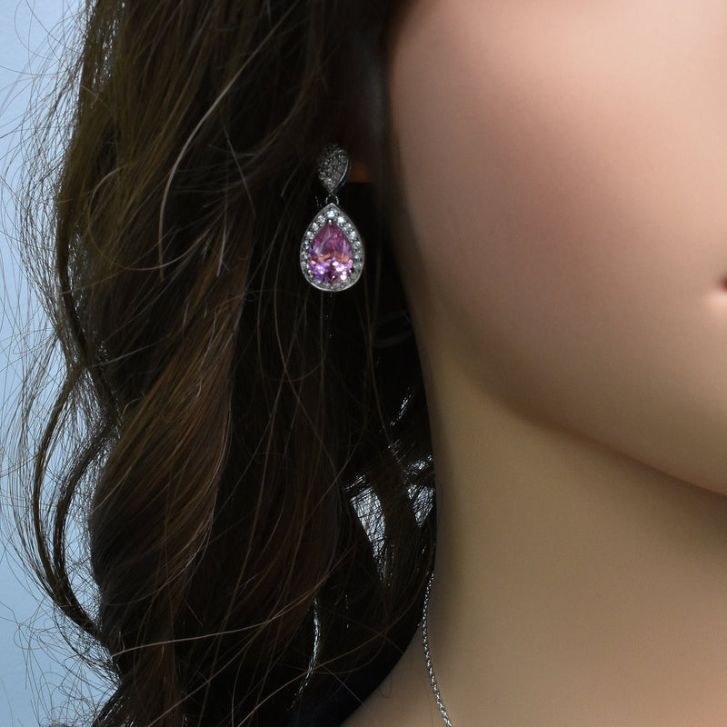 Juego de collar y aretes colgantes con circonita cúbica en forma de lágrima rosa chapada en rodio en plata 925 - STS00257-PNK