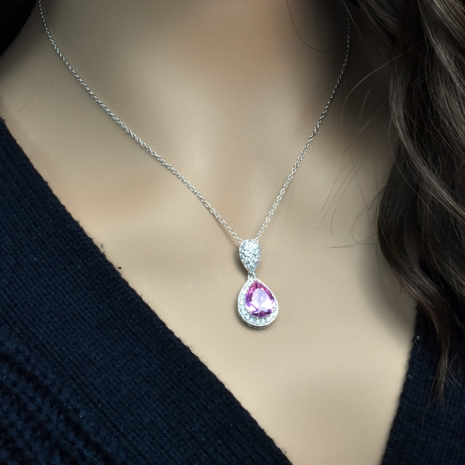 Silver 925 Rhodium Plated Pink Teardrop CZ Dangling Stud Earring and Necklace Set - STS00257-PNK