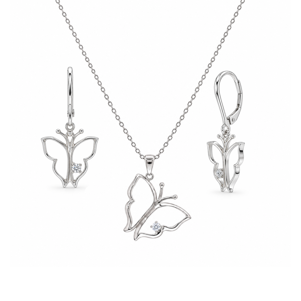Juego de collar y aretes con palanca colgante en plata 925 chapada en rodio con mariposa abierta y circonita cúbica - STS00265