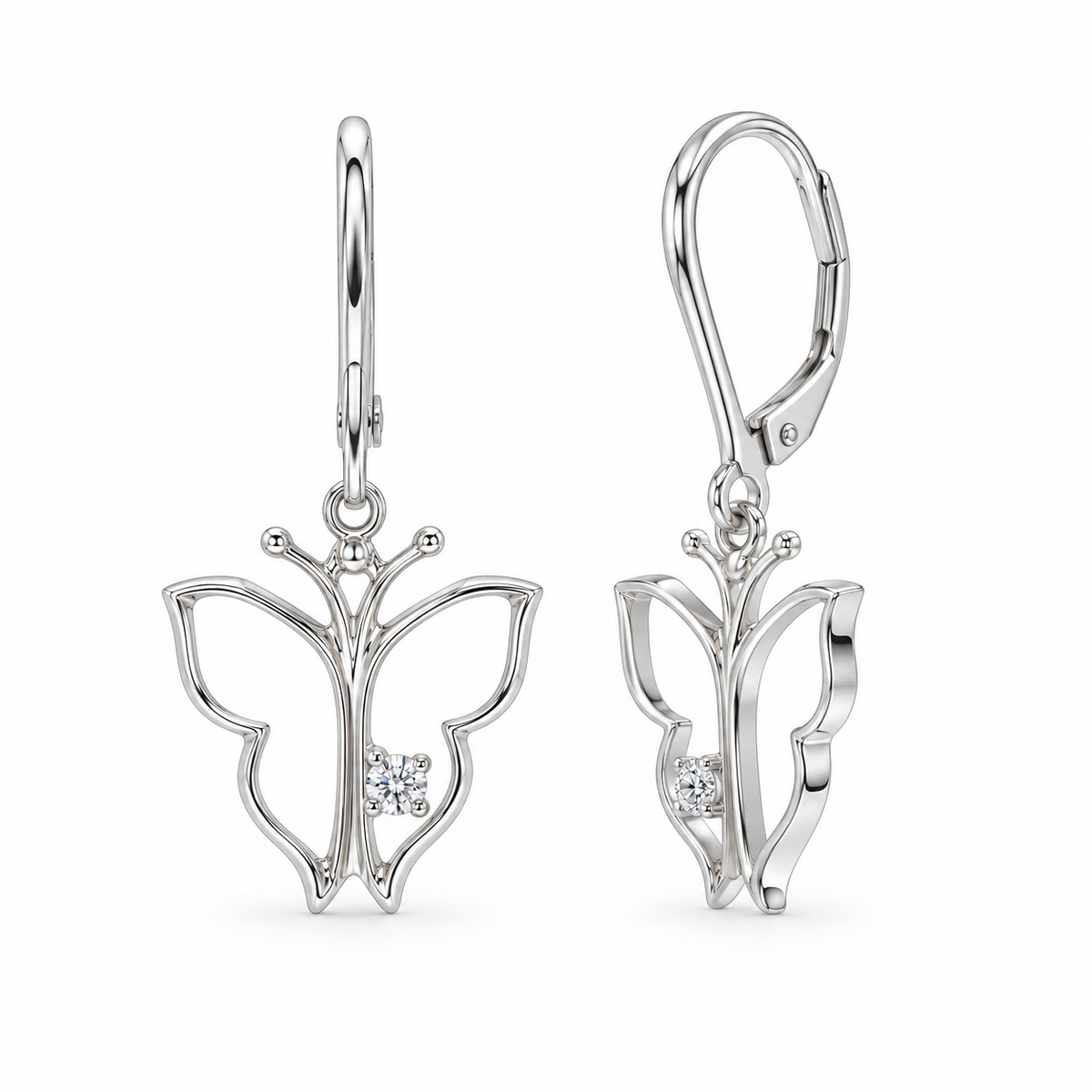 Juego de collar y aretes con palanca colgante en plata 925 chapada en rodio con mariposa abierta y circonita cúbica - STS00265