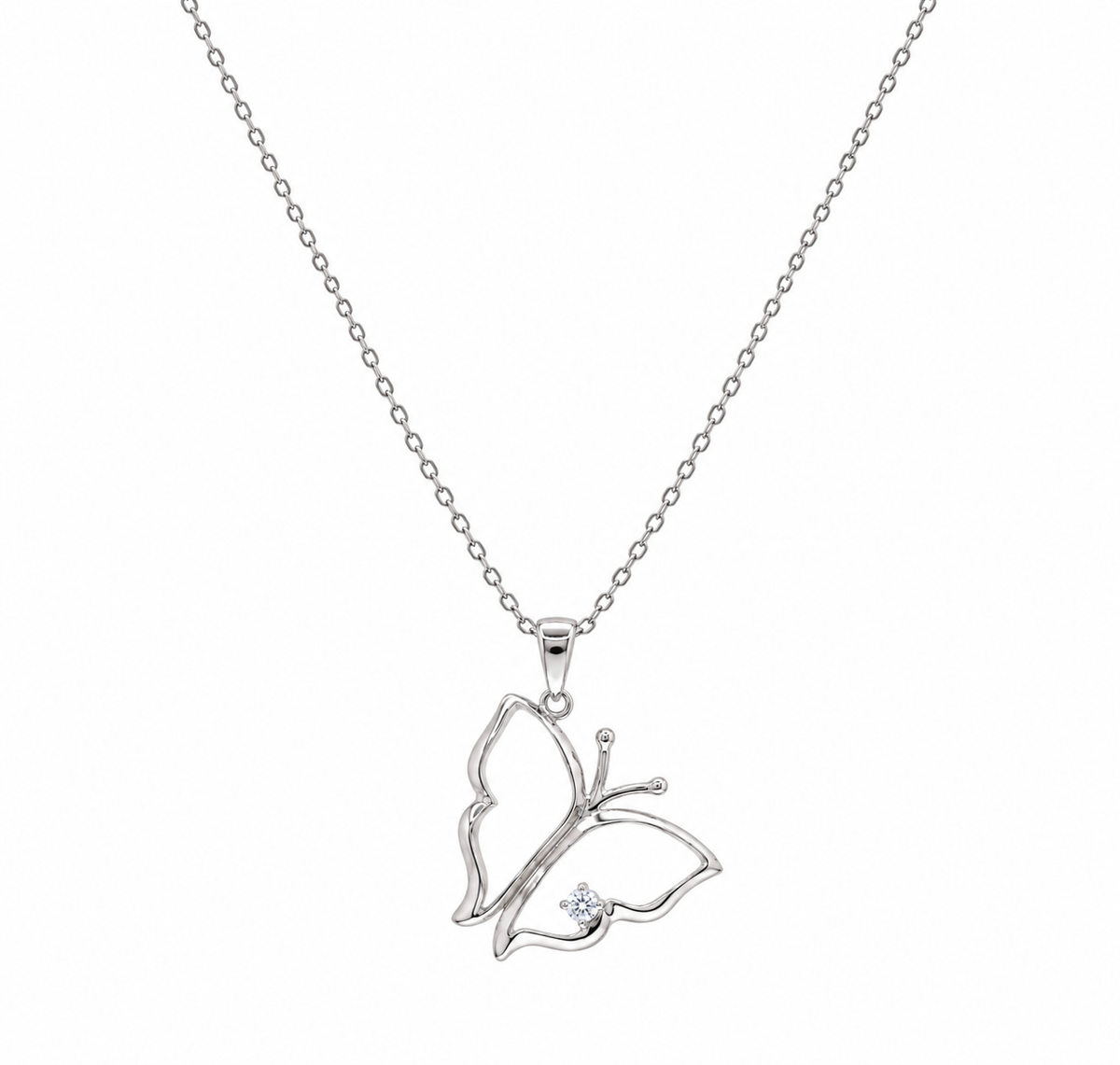 Juego de collar y aretes con palanca colgante en plata 925 chapada en rodio con mariposa abierta y circonita cúbica - STS00265