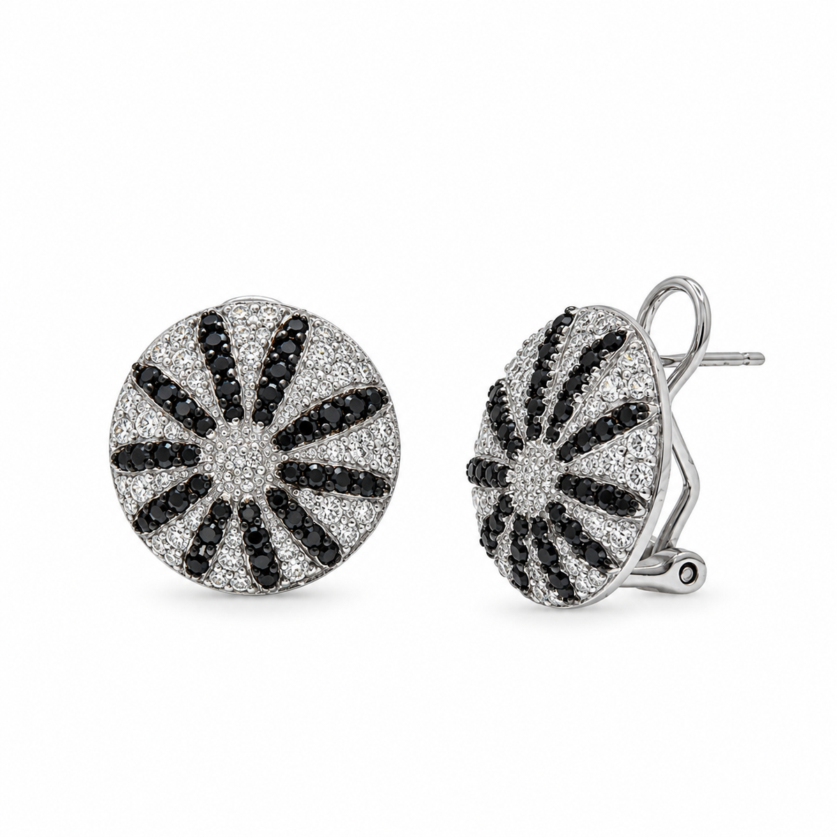 Clearance-Rhodium PLated 925 Sterling Silver Clear & Black CZ Disk Earring and Necklace Set - STS00276