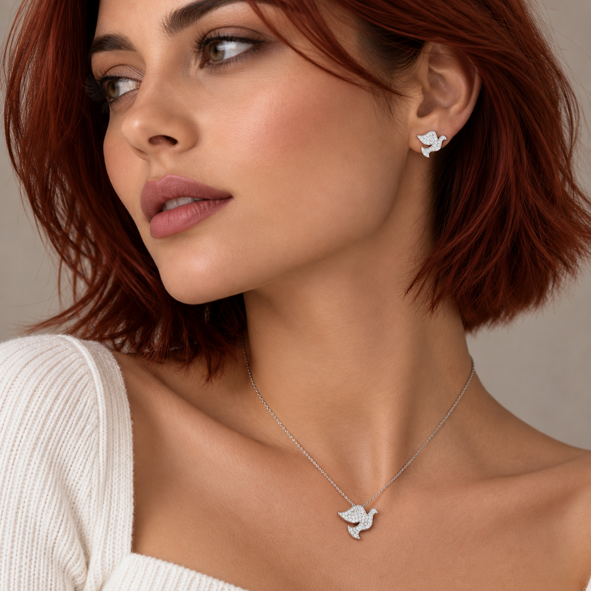 Rhodium Plated 925 Sterling Silver Dove CZ Stud Earring and Necklace Set - STS00285