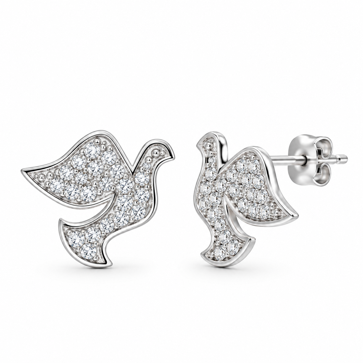 Rhodium Plated 925 Sterling Silver Dove CZ Stud Earring and Necklace Set - STS00285