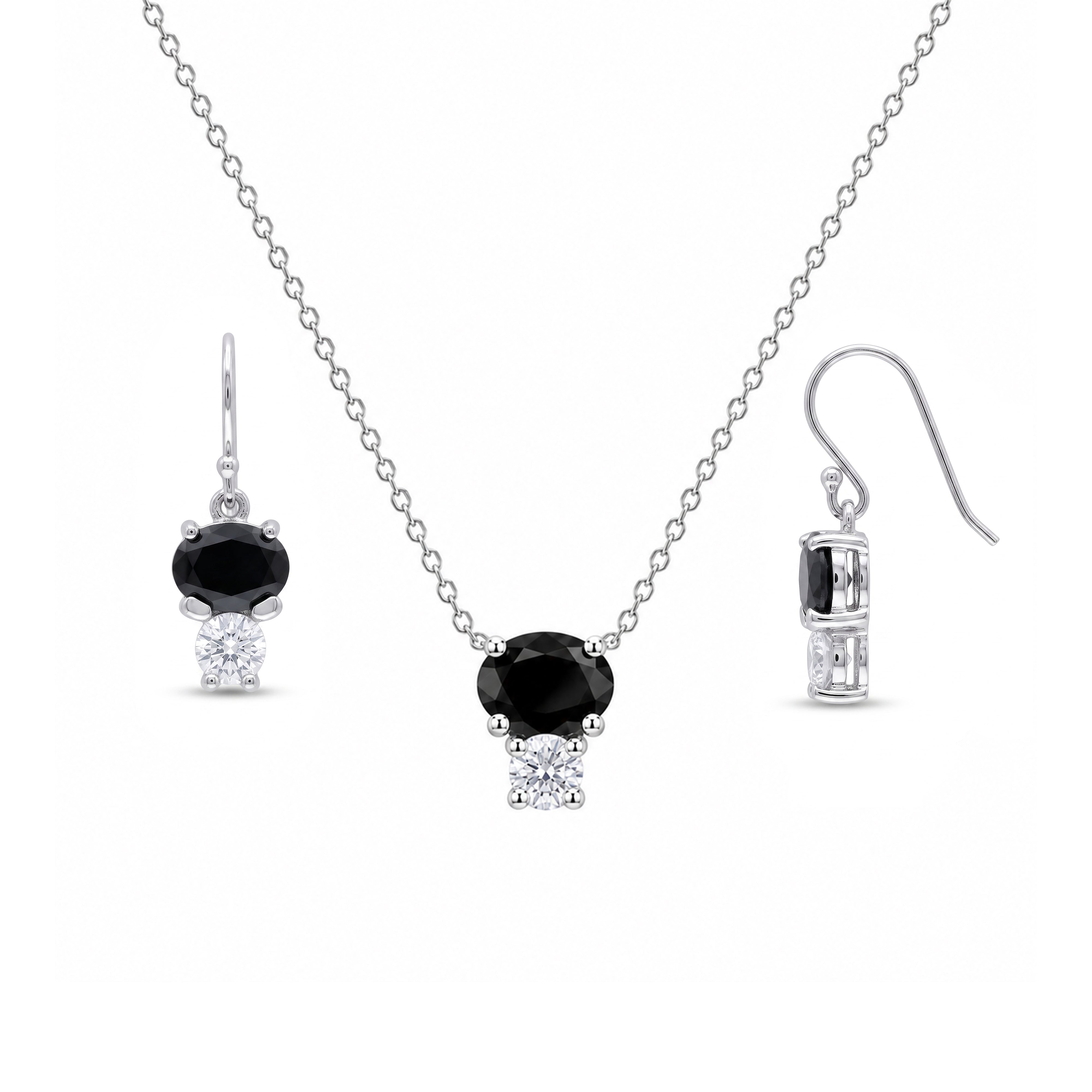 Juego de aretes y collar con gancho colgante de circonita negra chapada en rodio en plata 925 - STS00286