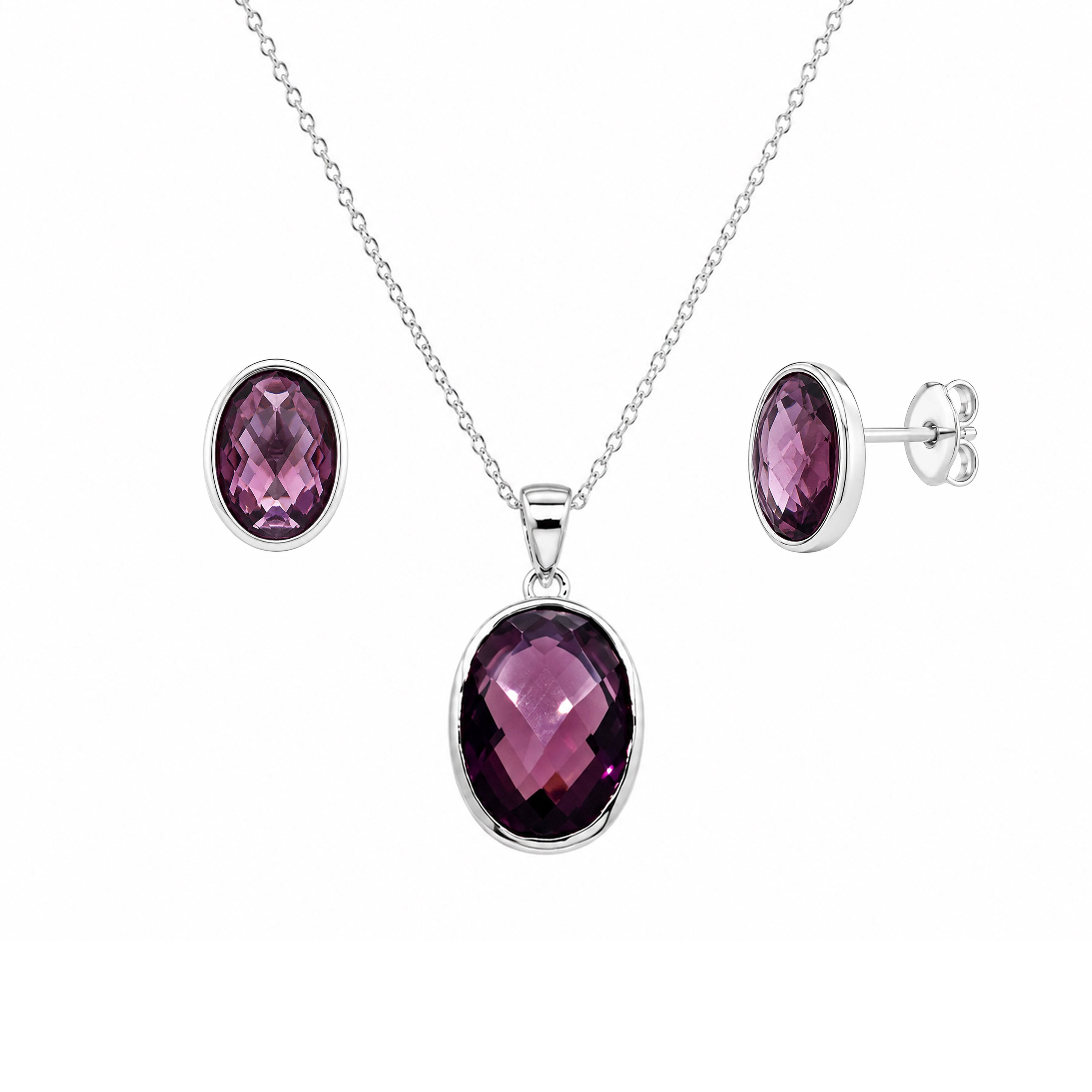 Rhodium Plated 925 Silver Oval Purple CZ Post Earring and Necklace Set - STS00288