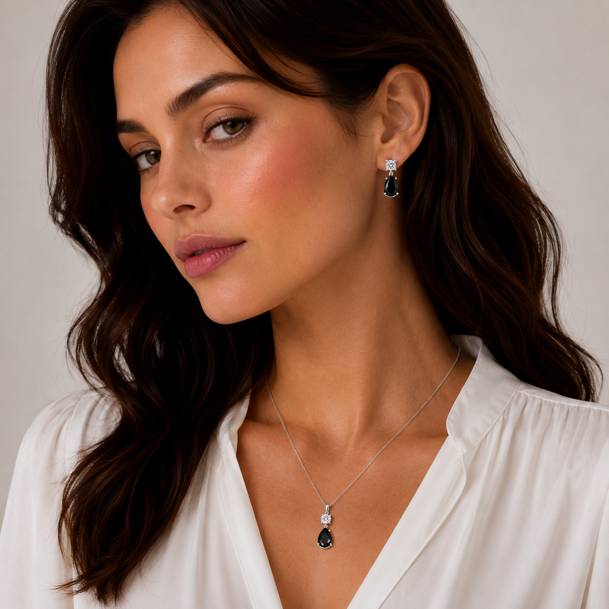 Rhodium Plated 925 Silver Teardrop Black CZ Stud Earring and Necklace Set - STS00293